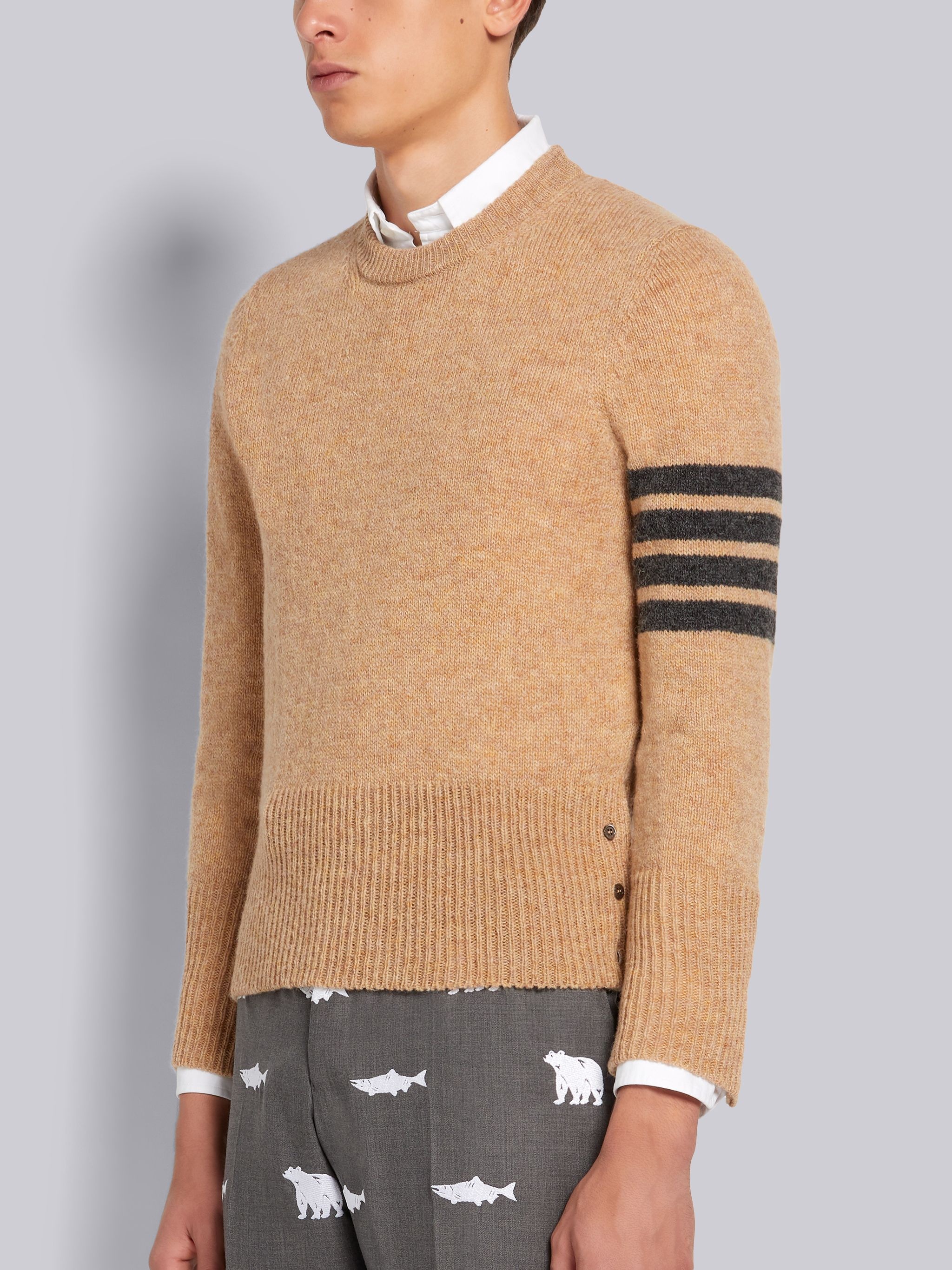 Camel Shetland Wool Jersey Stitch 4-Bar Stripe Classic Crew Neck Pullover - 2