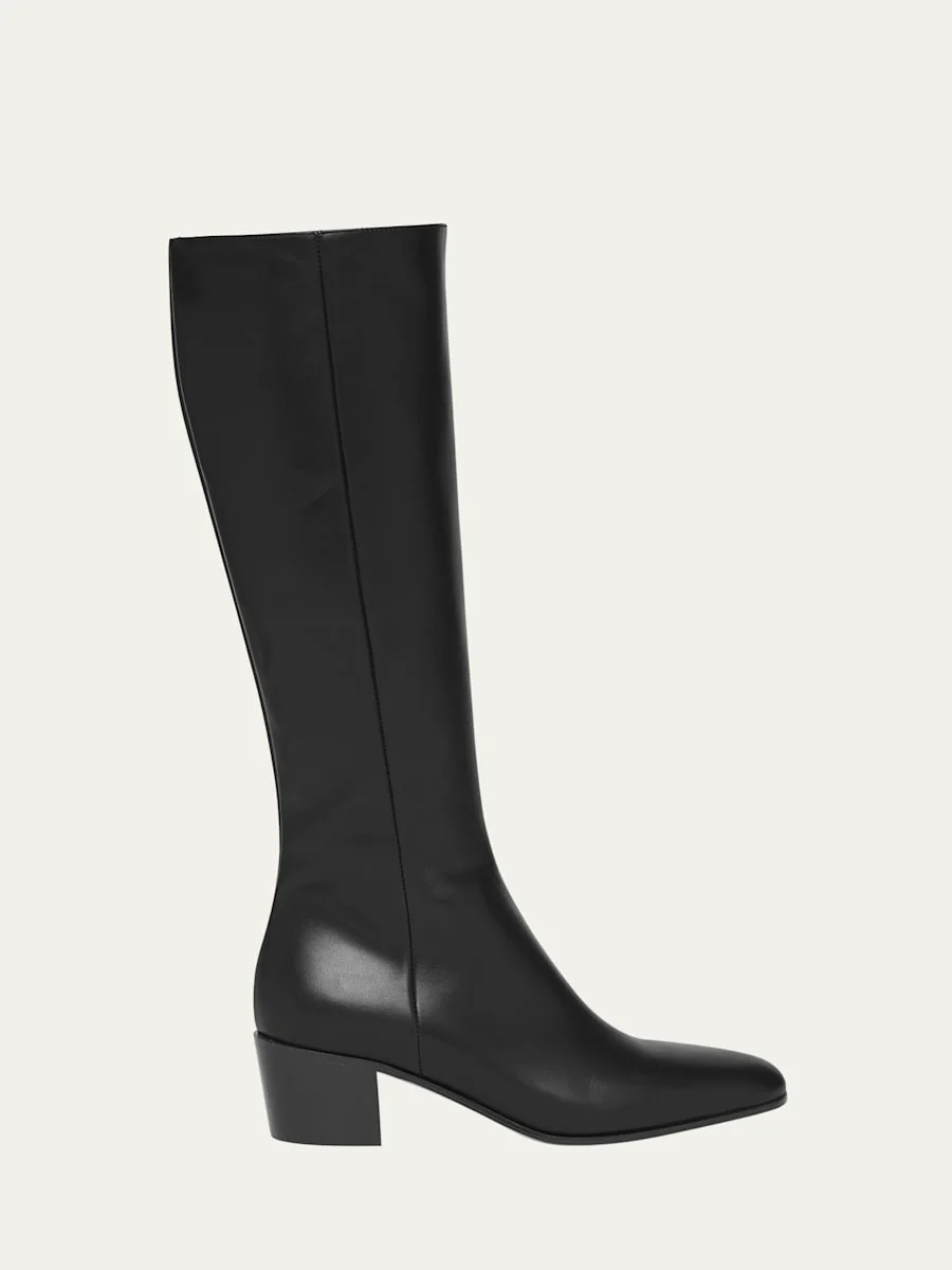 Leather Block-Heel Knee Boots - 1