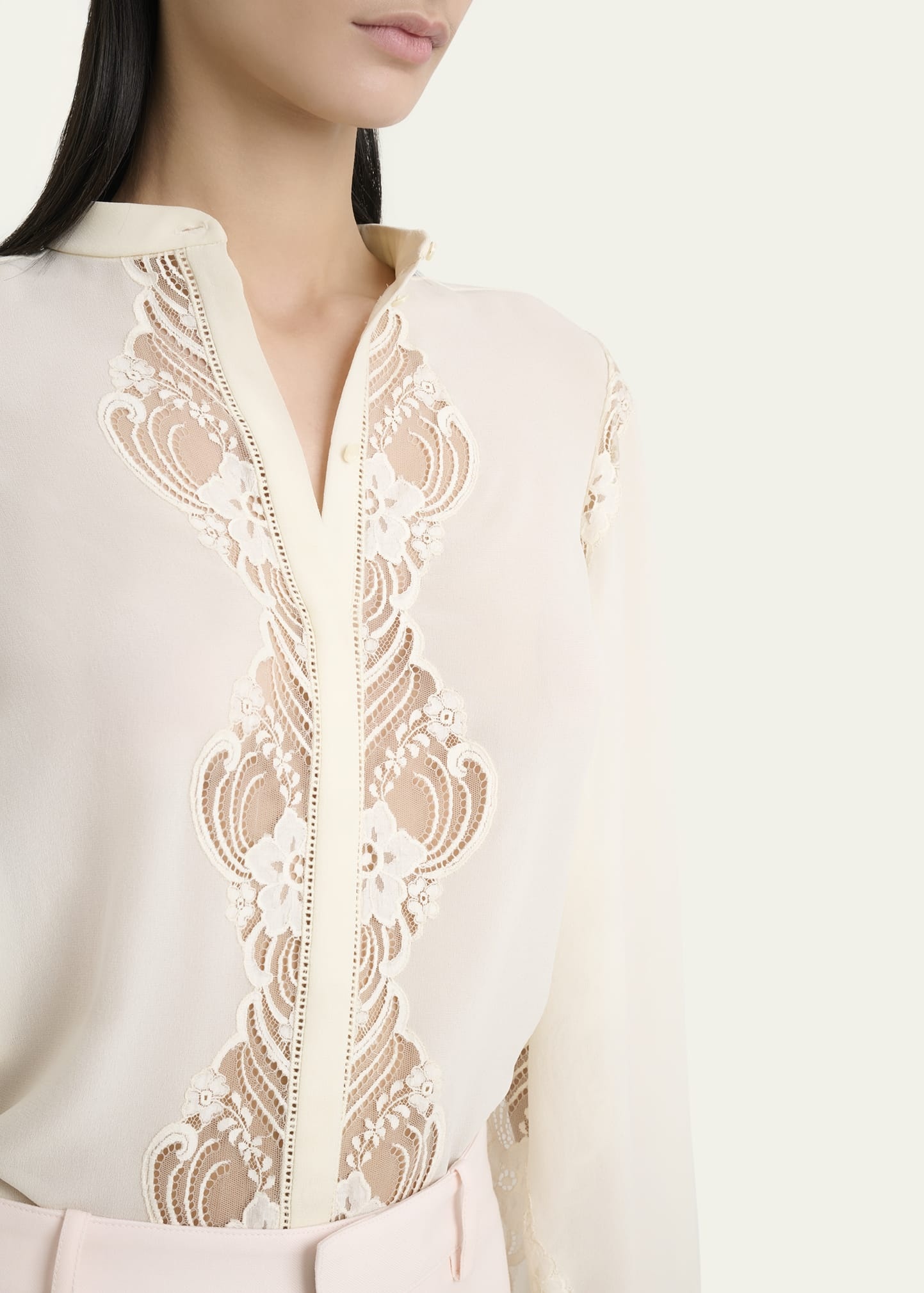 Lace Placket Tulip-Sleeve Silk Blouse - 5