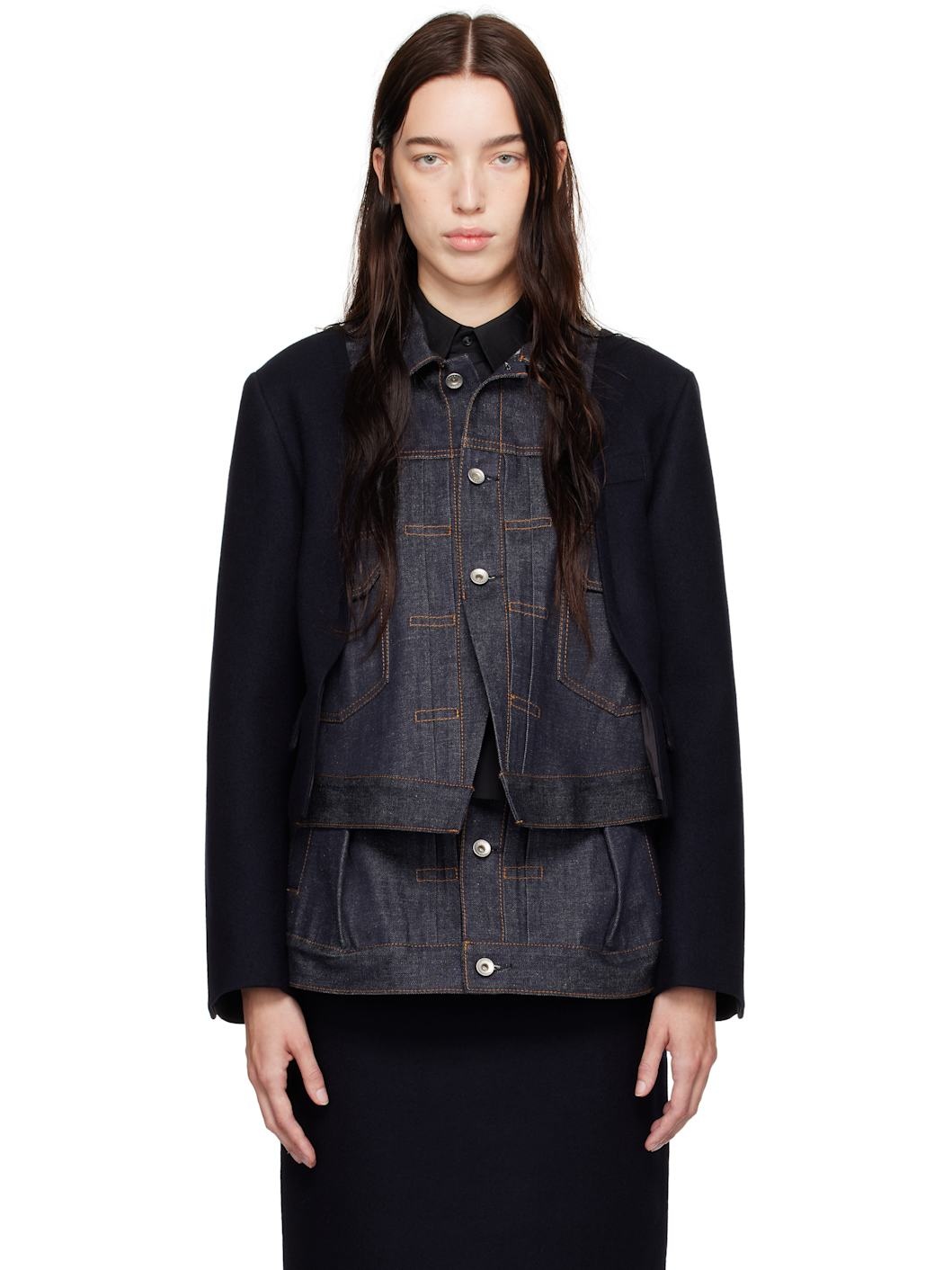 Navy Wool Melton & Denim Jacket - 1