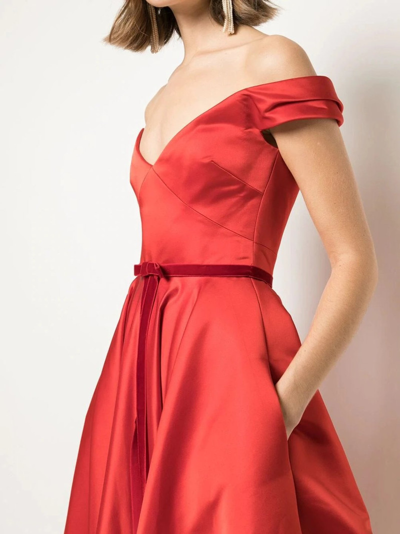 OFF-THE-SHOULDER SATIN CORSET TEA LENGTH MIDI GOWN 4