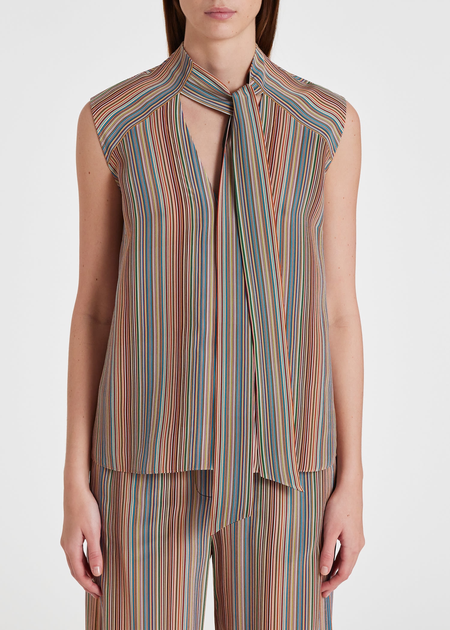 'Signature Stripe' Silk Tie Neck Blouse - 7