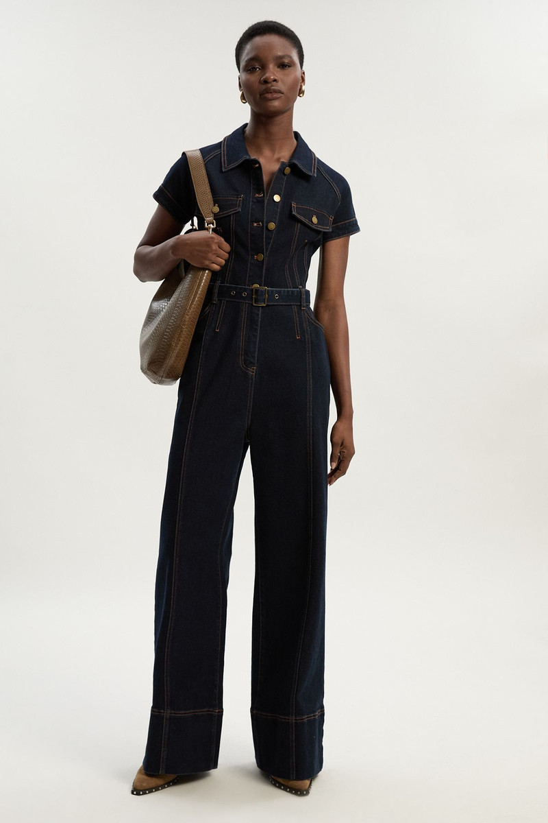 Denim Corset Waist Detail Wide Leg Jumpsuit 1