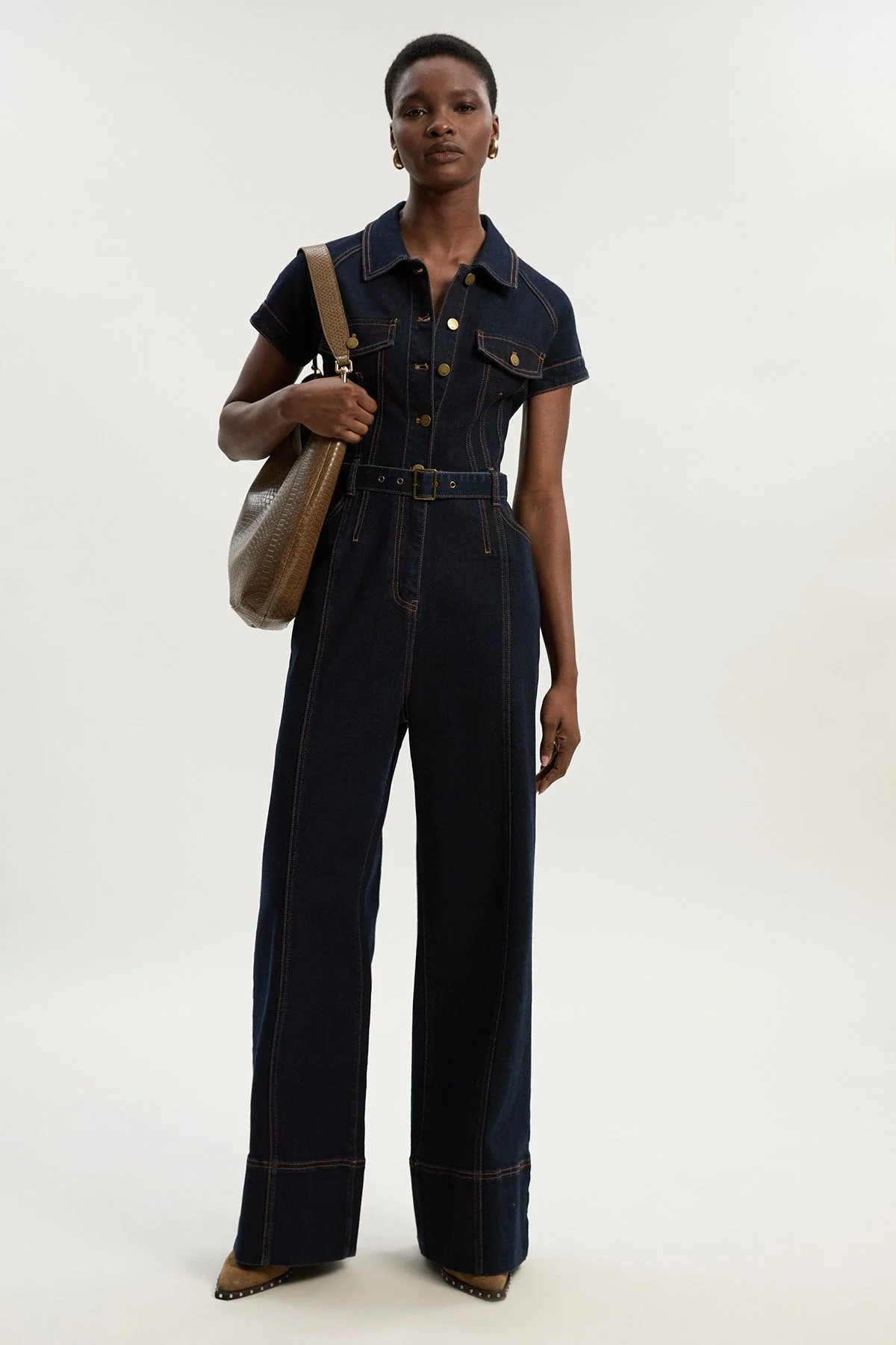 Denim Corset Waist Detail Wide Leg Jumpsuit - 1