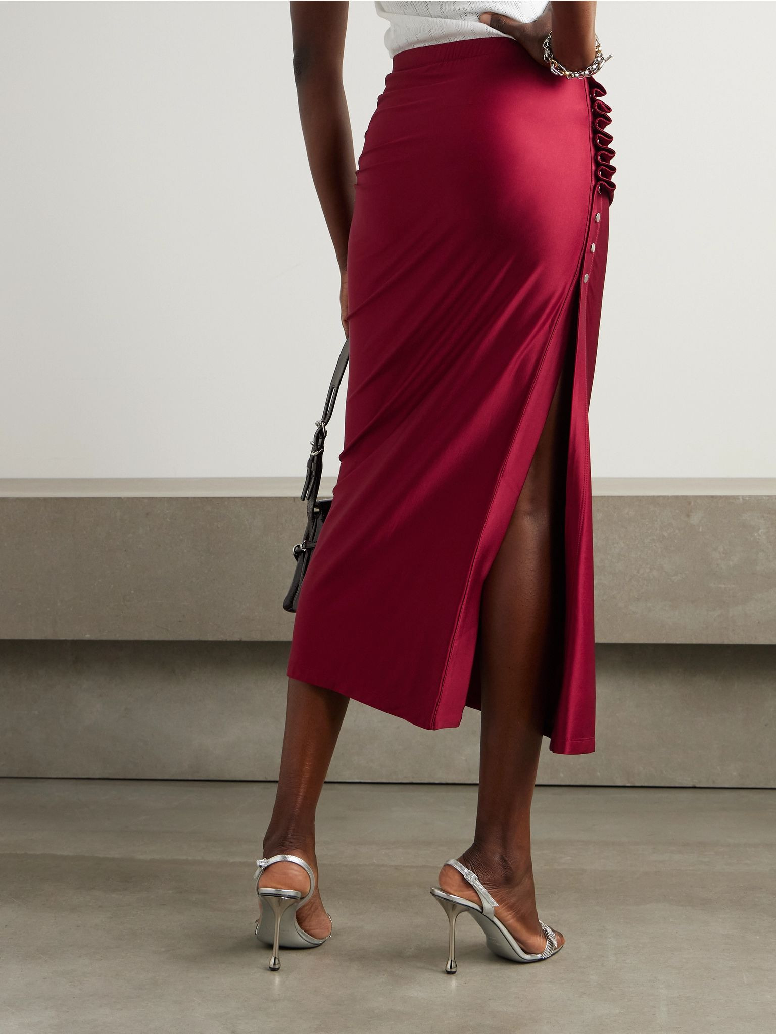 Gathered satin-jersey midi skirt Red - 3