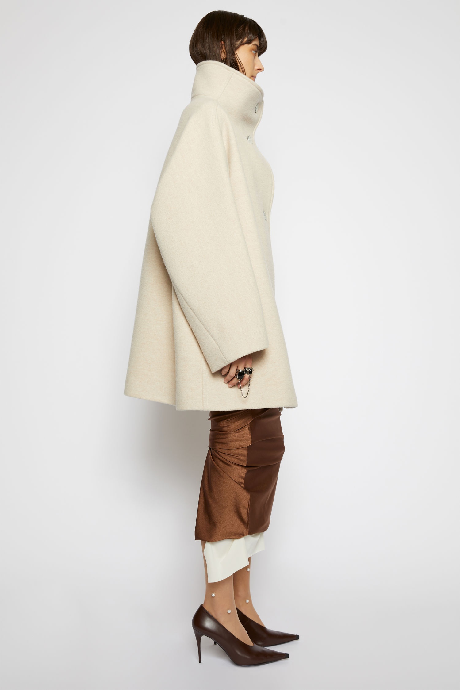 High-neck wool coat cream beige - 3