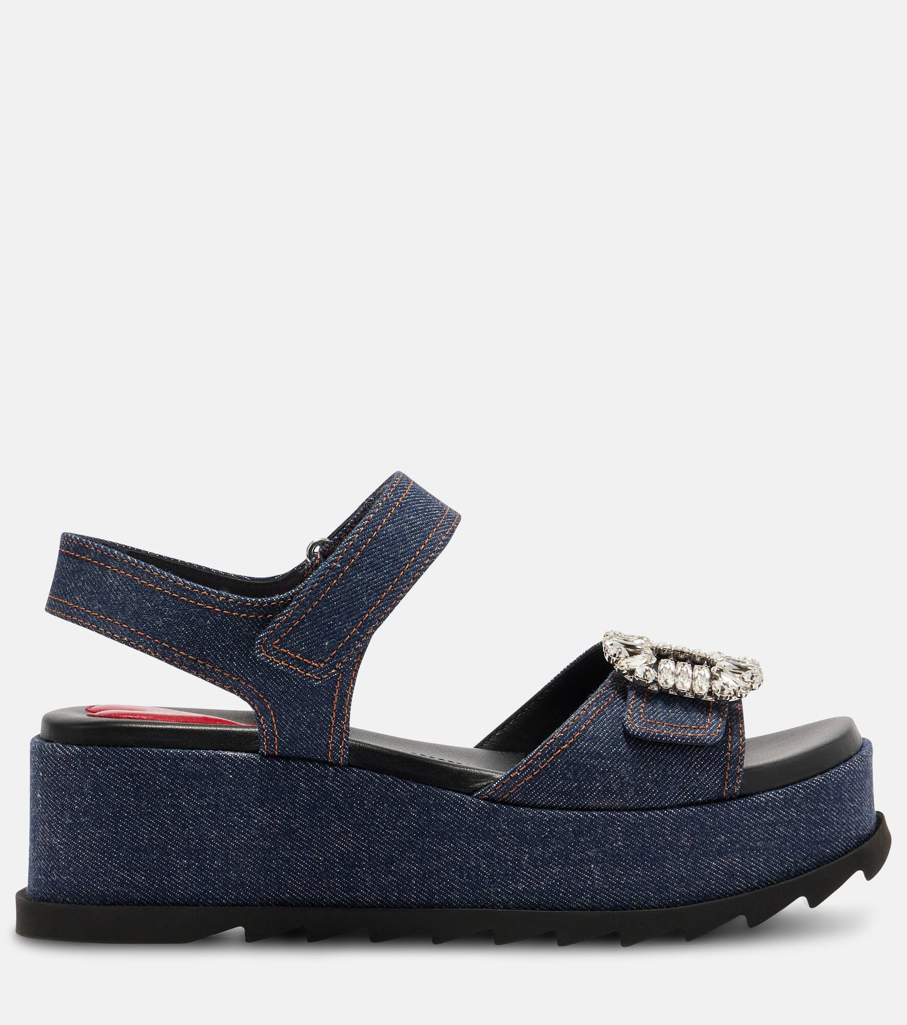 Embellished denim wedge sandals - 4