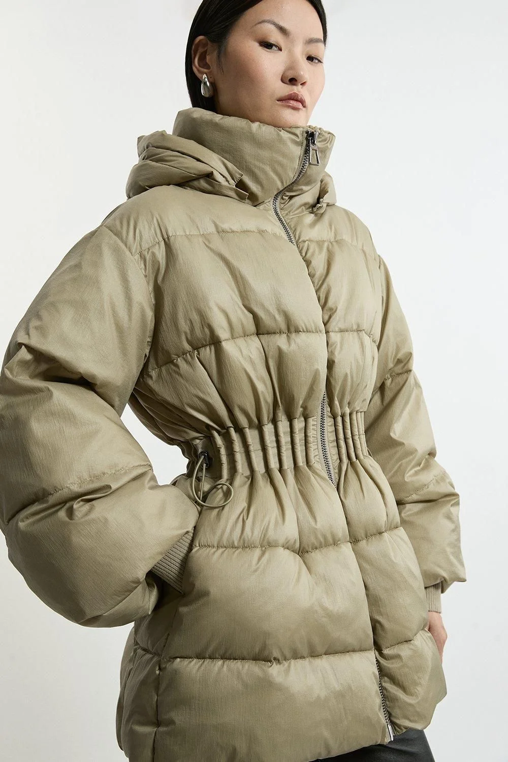 Quilted Drawstring Waist Hooded Rib Cuff Puffer Jacket - 1