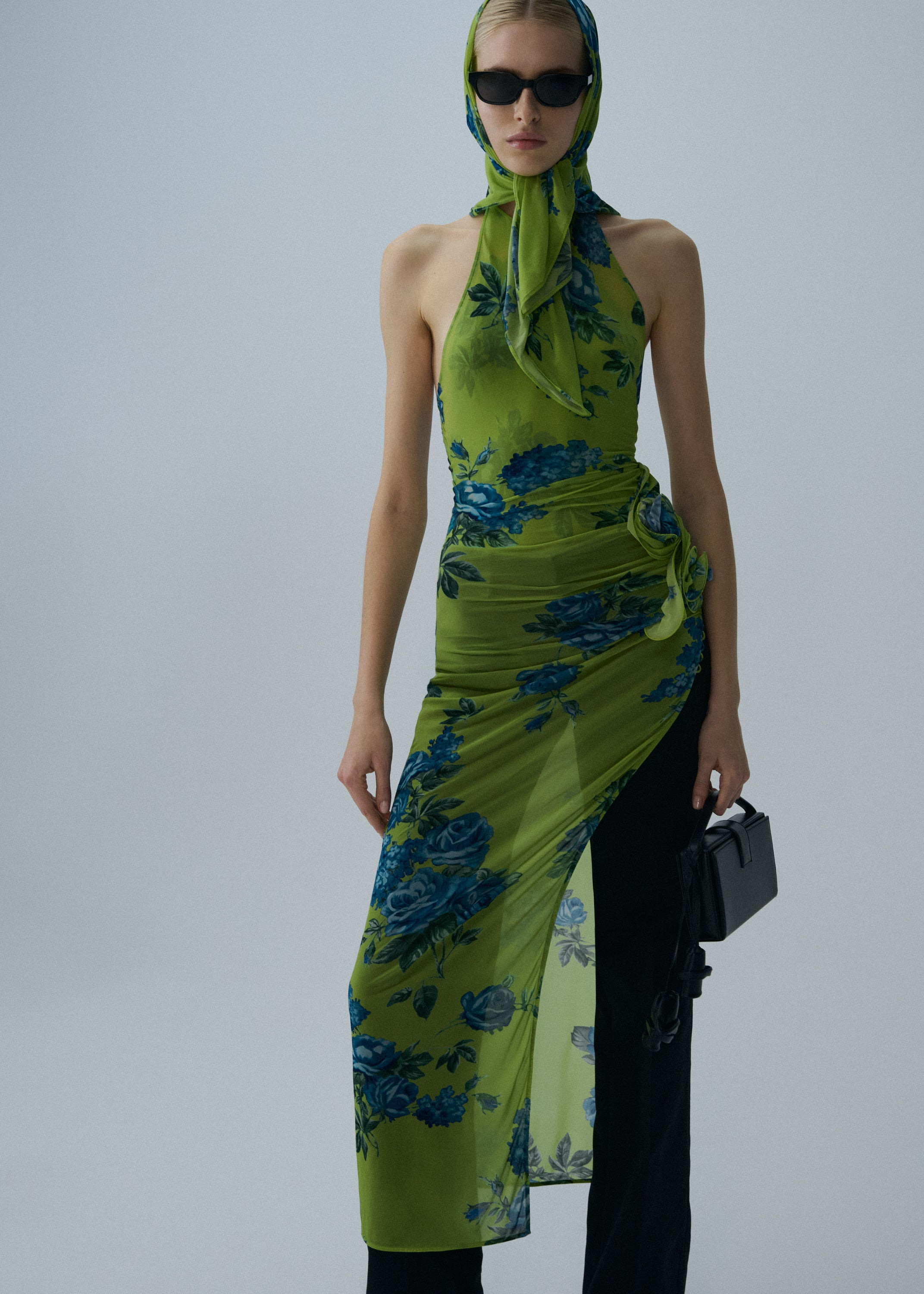 High-neck floral applique midi dress in green print - 3