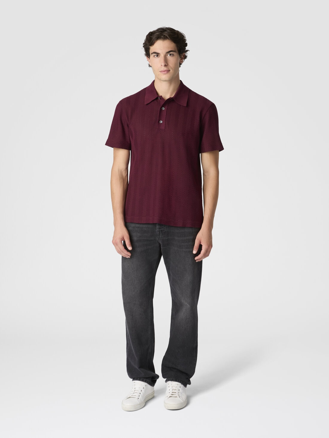 Cotton and viscose polo shirt with tone-on-tone zigzag - 2