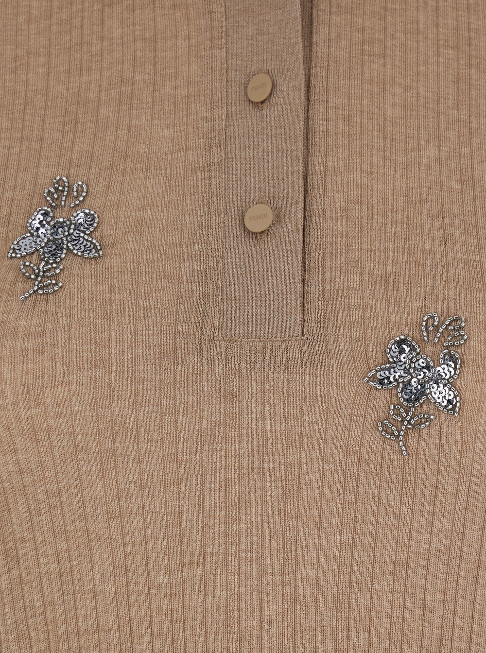Fendi Women Beige Polo With Ribbed Design And All-Over Floral Embroidery With Sequins And Beads In C - 3