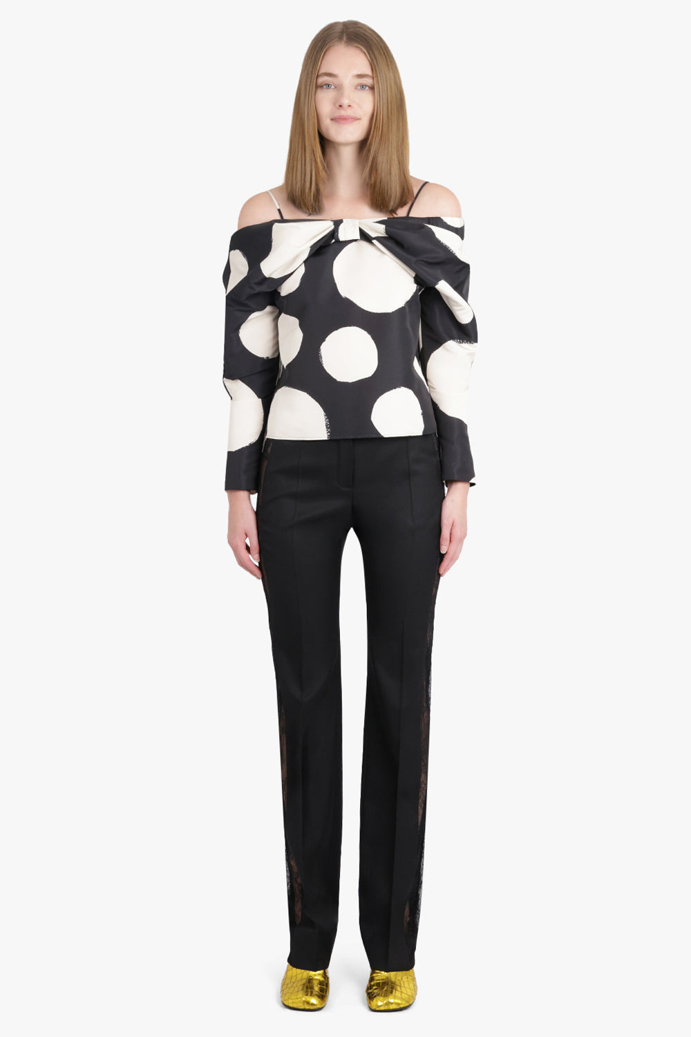 POLKA DOT OFF SHOULDER BOW DETAIL L/S TOP | BLACK/WHITE - 3
