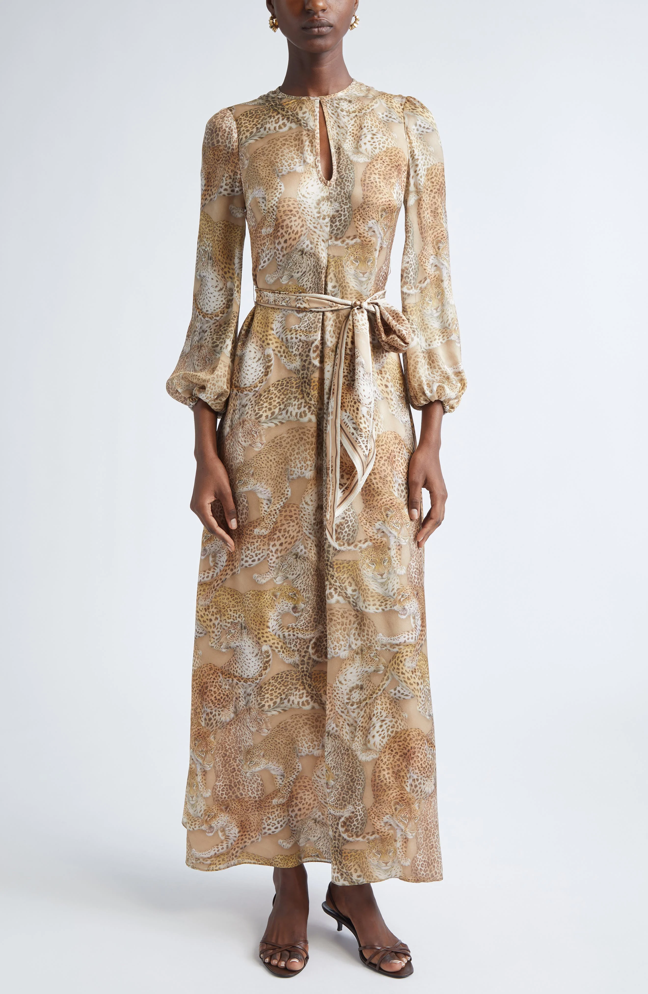 Zimmermann Rebellion Long Sleeve Belted Silk Maxi Dress in Latte Leopard at Nordstrom - 1