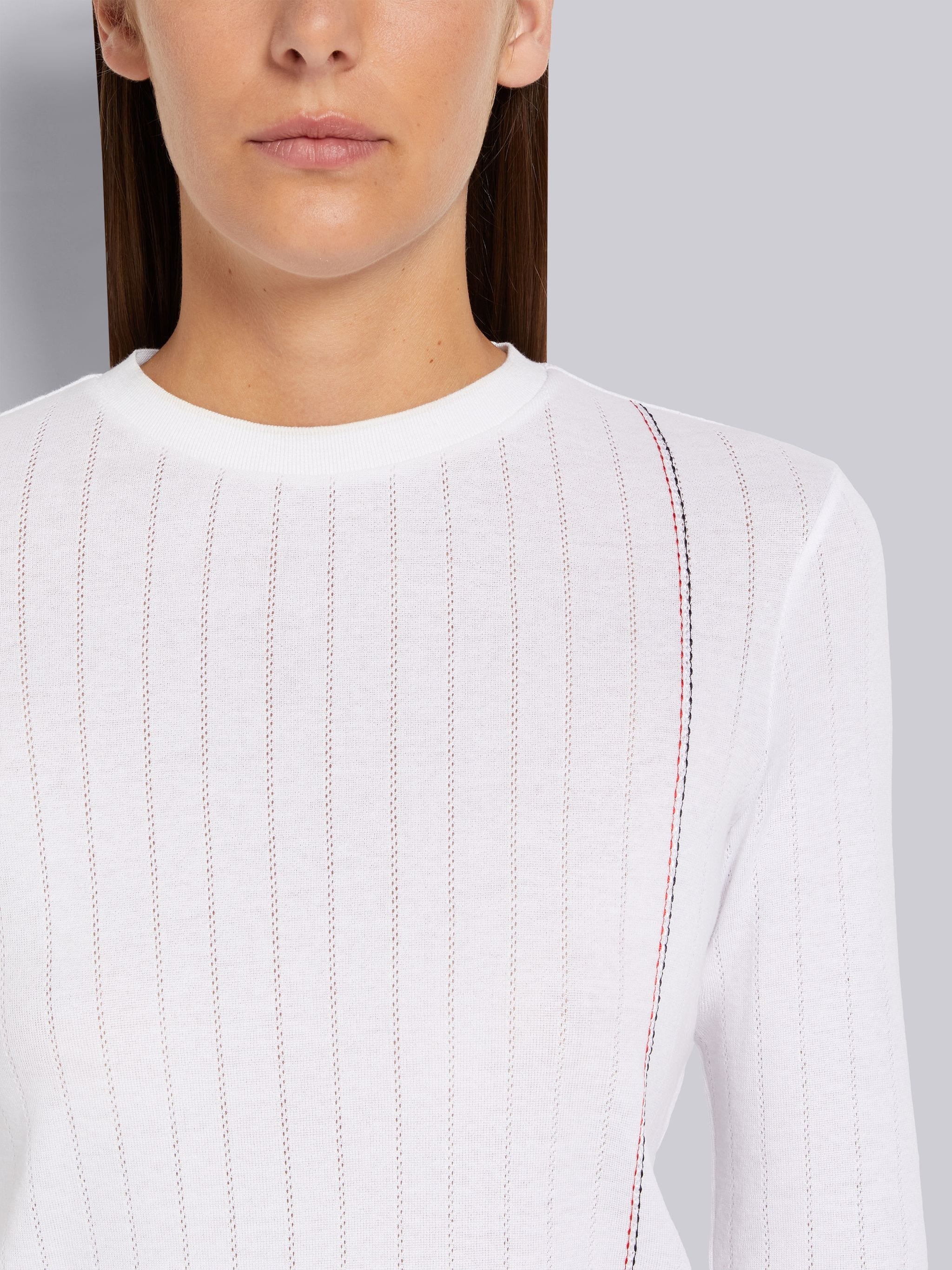 White Cotton Pointelle Rib Stripe Embroidery Long Sleeve Tee - 5