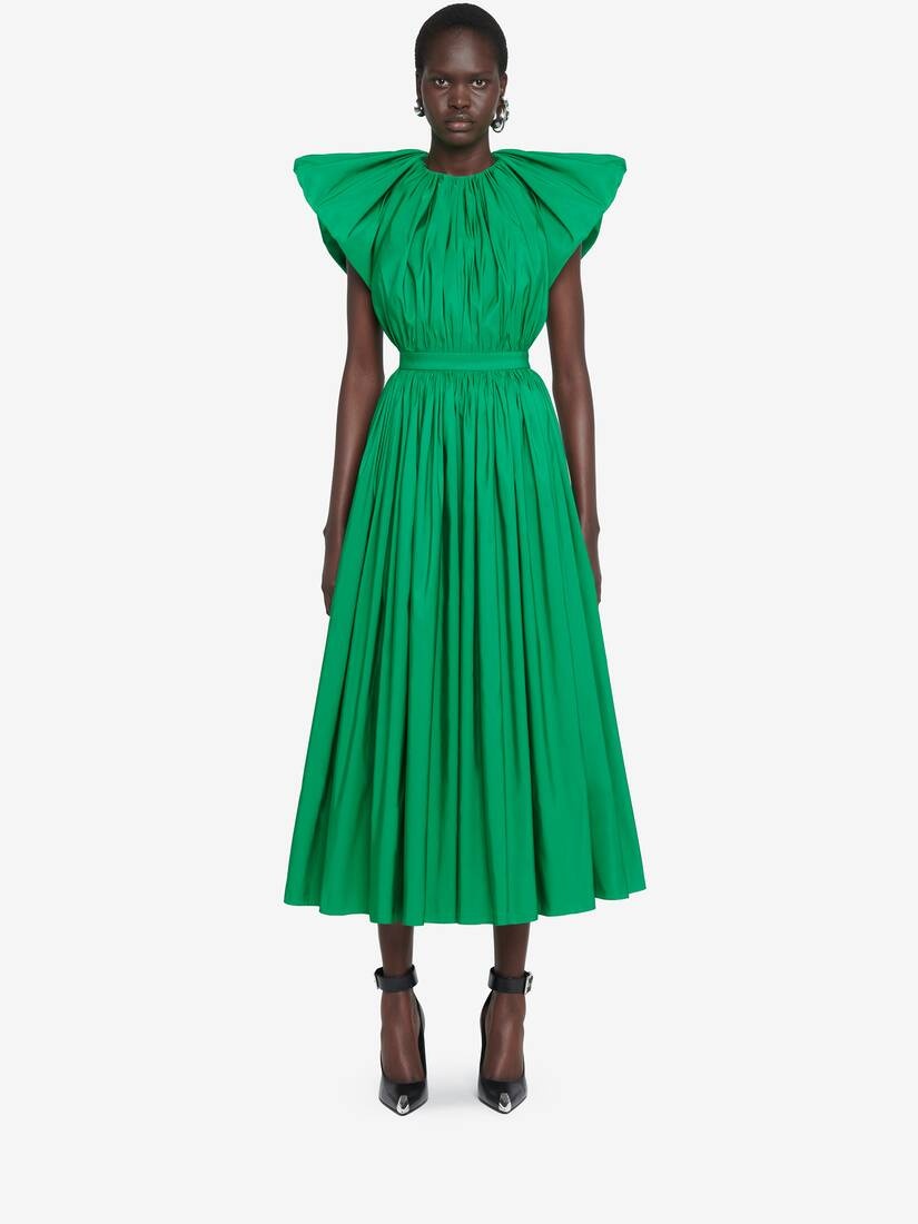Women's Pleated Open Back Dress in Bright Green - 2