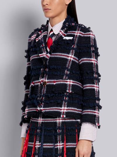 Thom Browne Navy Prince of Wales Overcheck Wool Flannel Ribbon Tweed High Armhole Frayed Jacket outlook