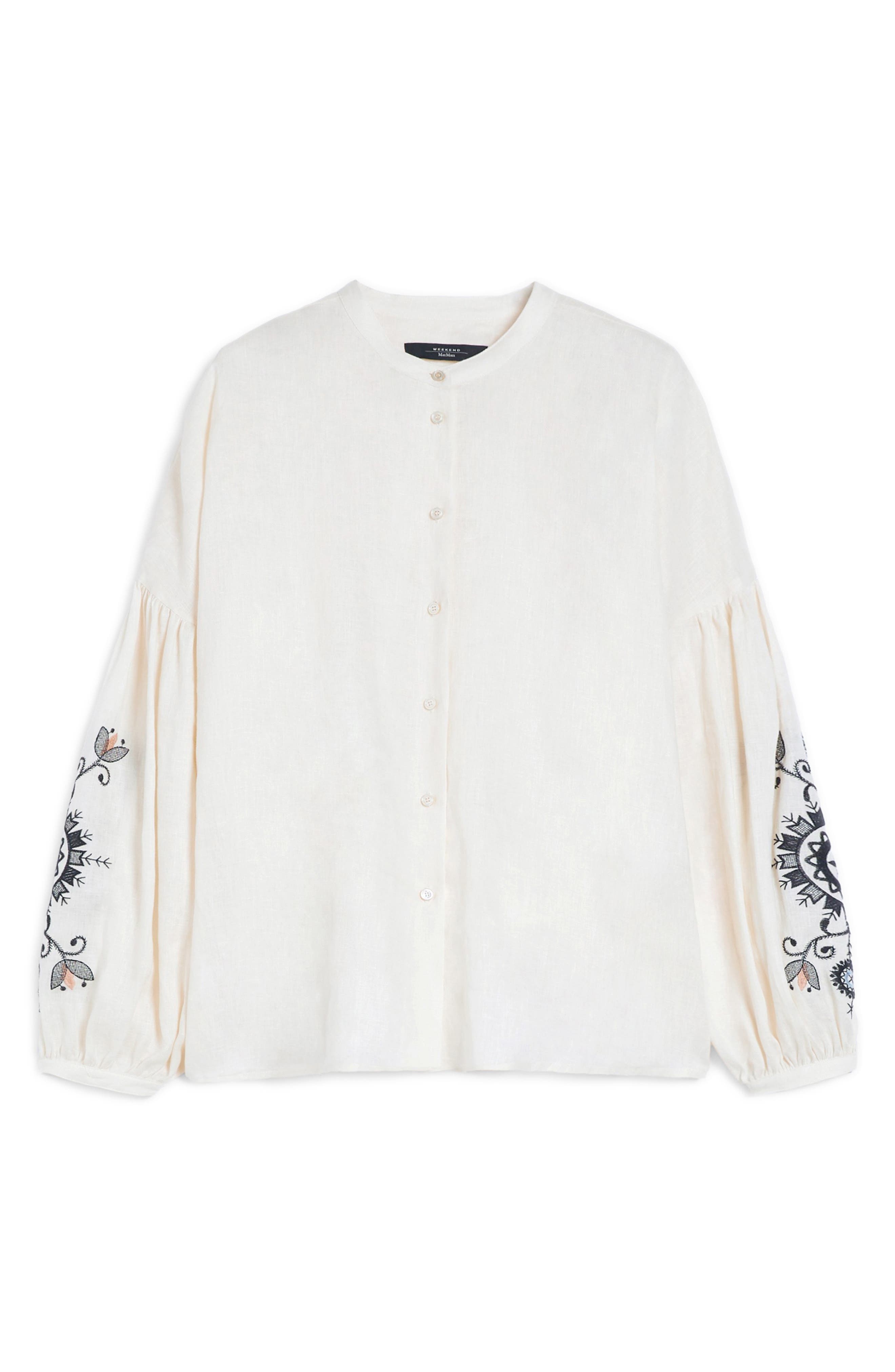 Weekend Max Mara Ilex Embroidered Linen Button-Up Shirt in Ecru at Nordstrom - 5