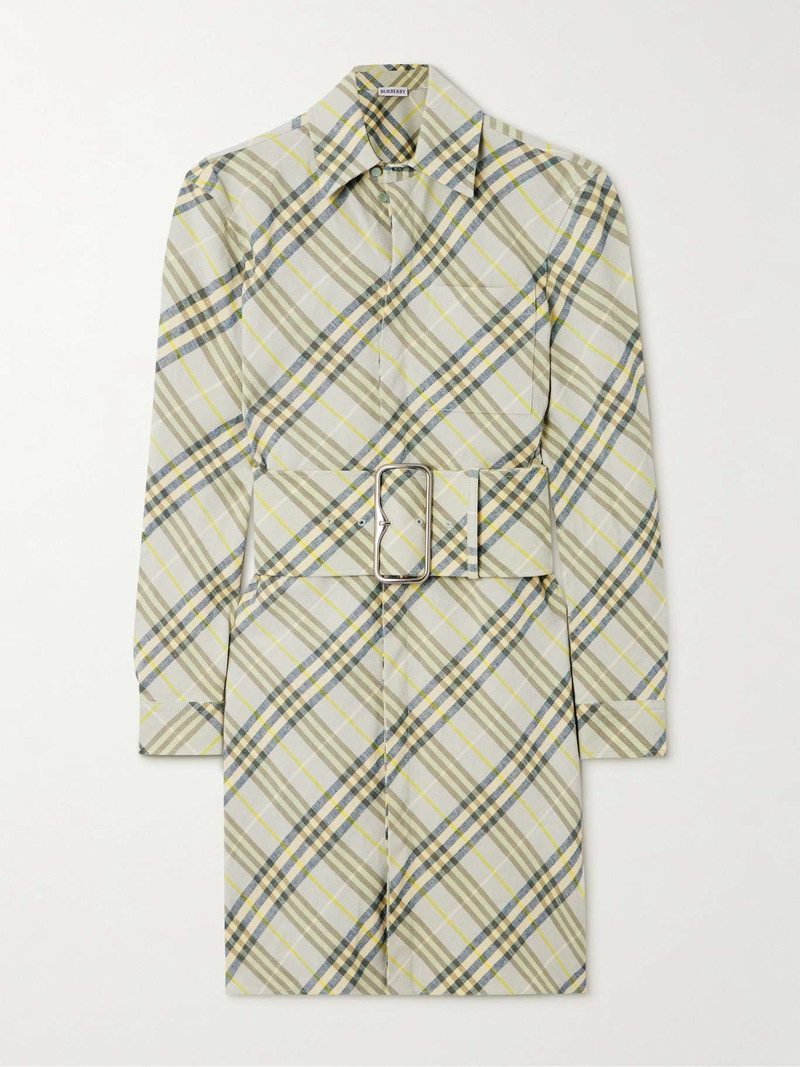 Belted checked linen-bend mini shirt dress Cream - 1