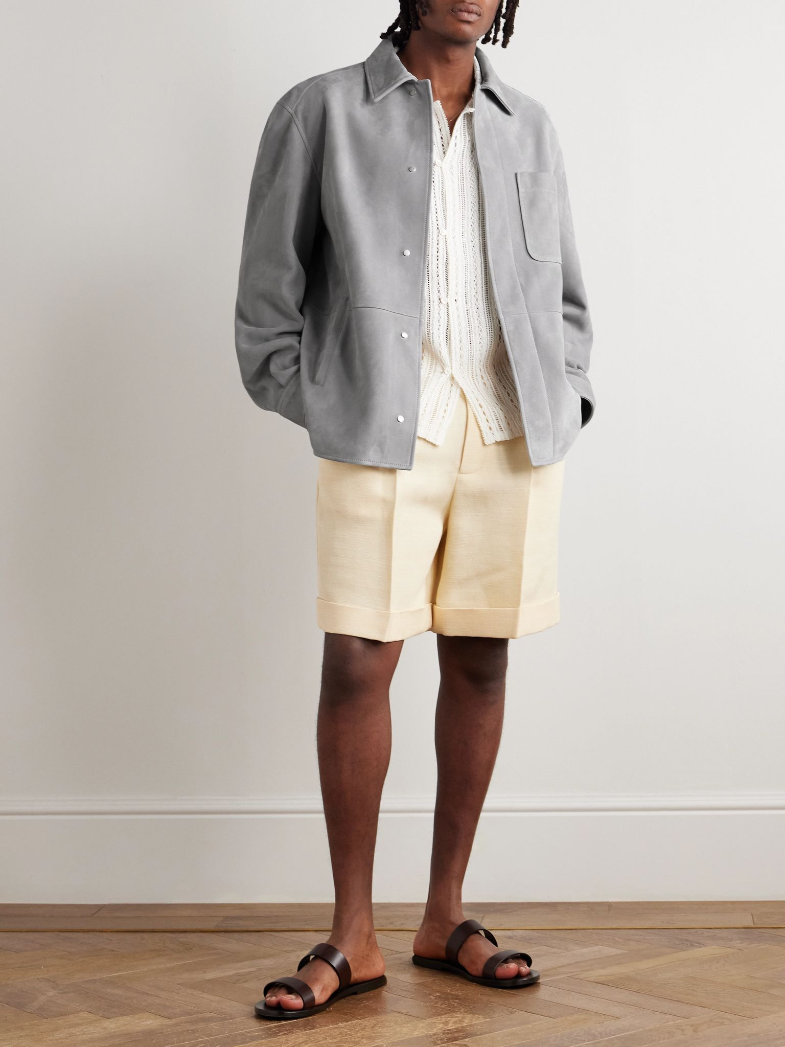 Oversized Logo-Debossed Suede Overshirt Light gray - 2