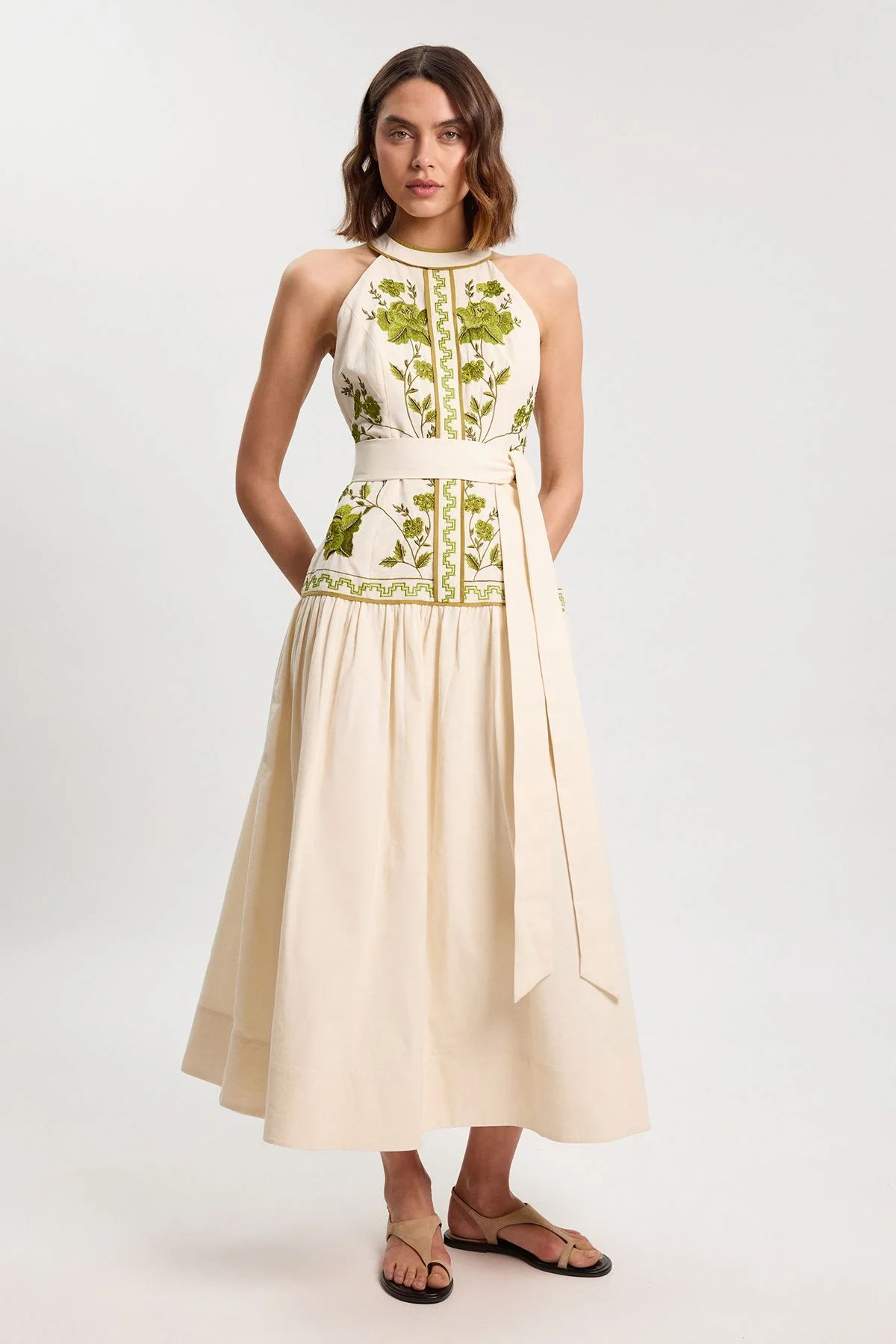 Rose Embroidered Cotton Twill Woven Maxi Dress - 1