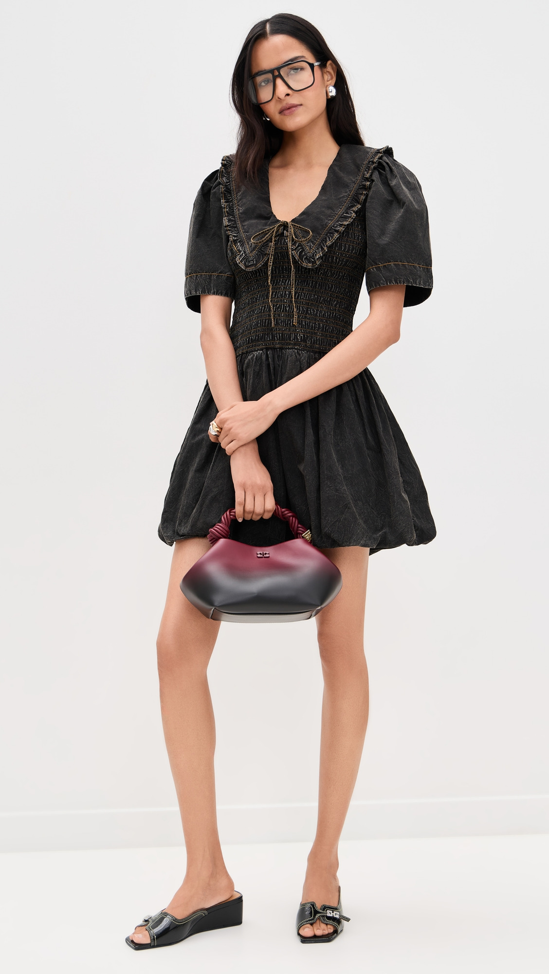 Garment Dyed Cotton Mini Smock Bubble Dress - 4