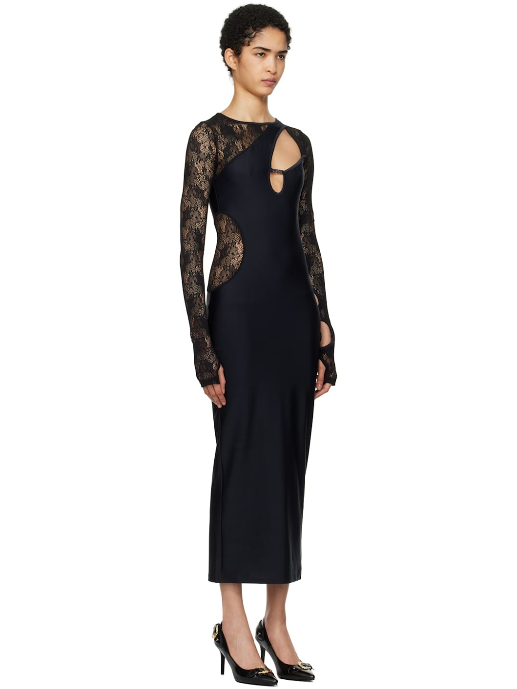 Black Mesh Lace Midi Dress - 2
