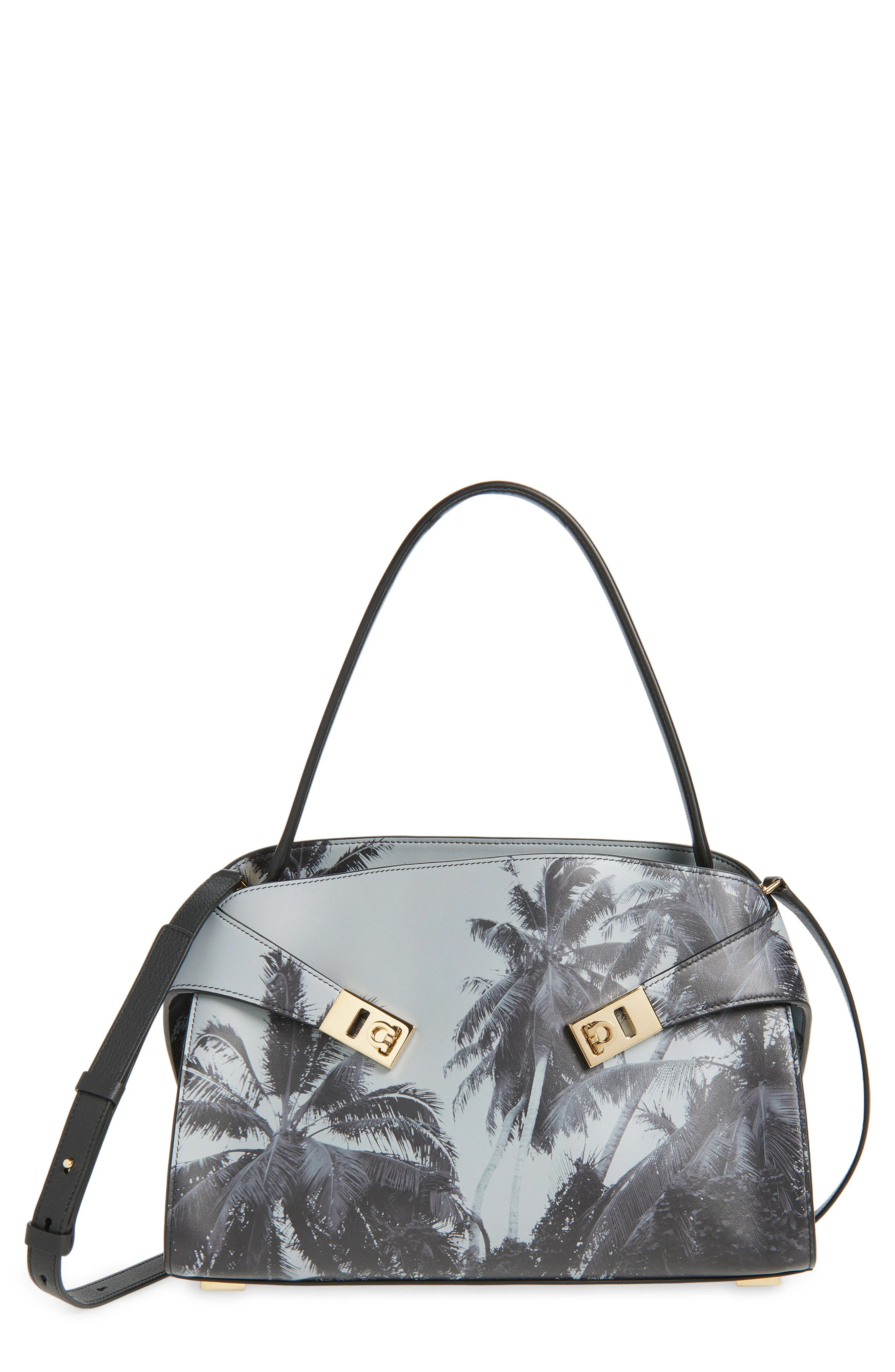 FERRAGAMO Medium Hug Palm Print Soft Leather Top Handle Bag in Optic-White Nero at Nordstrom - 1