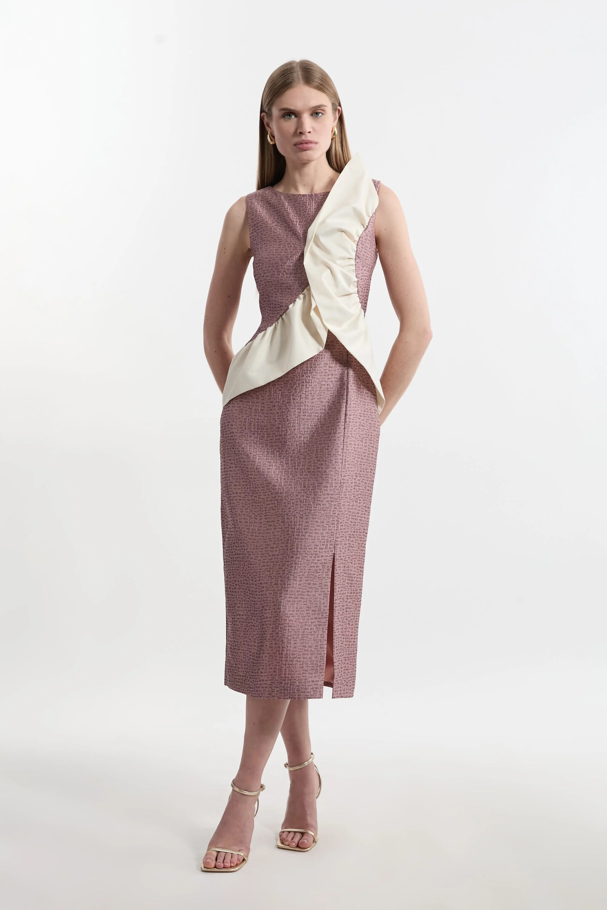 Petite Textured Tailored Contrast Taffeta Ruffle Maxi Dress - 1