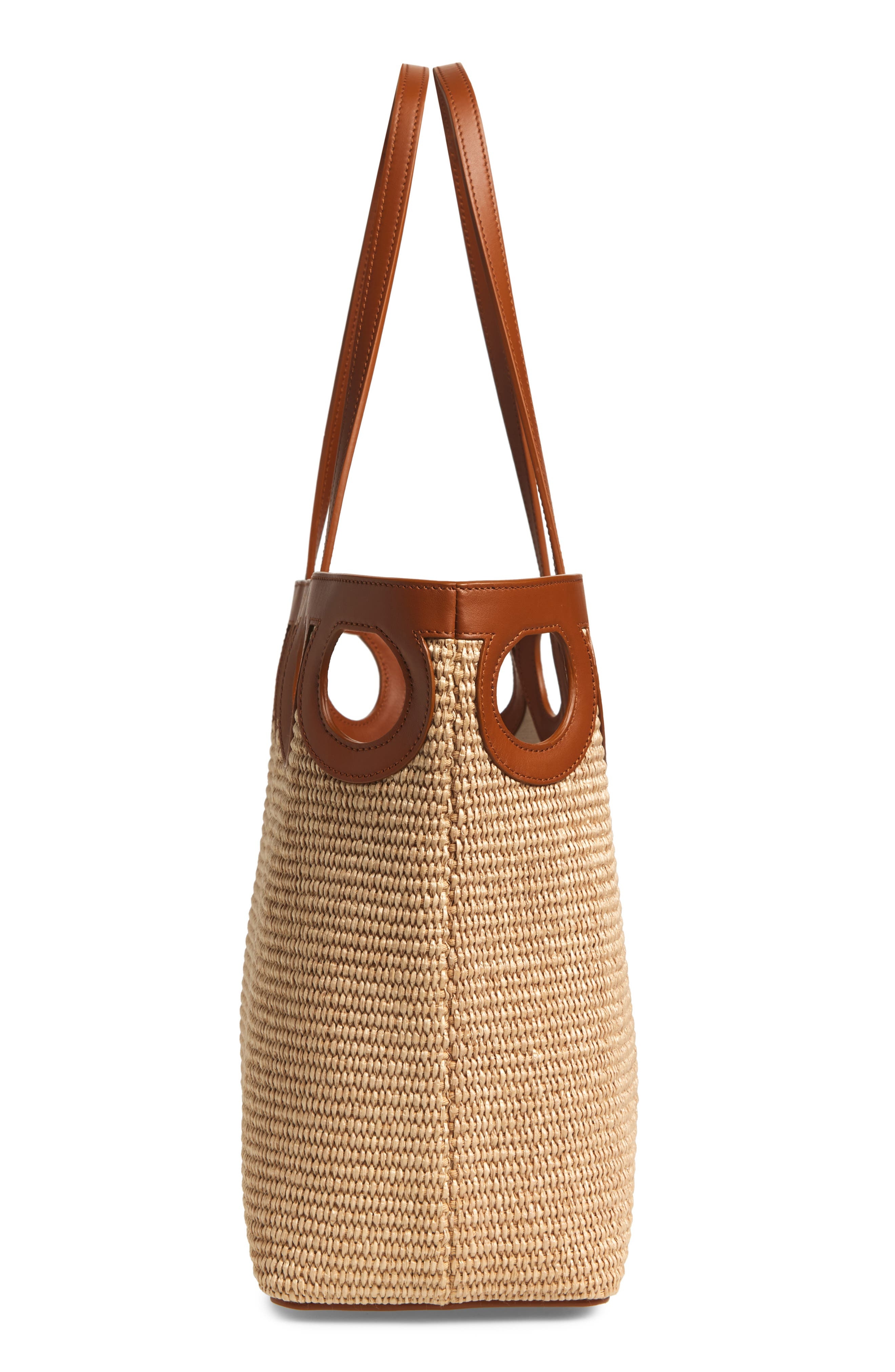 FERRAGAMO Medium Gancini Frame Perforated Raffia & Leather Tote in Naturale/Resort at Nordstrom - 6