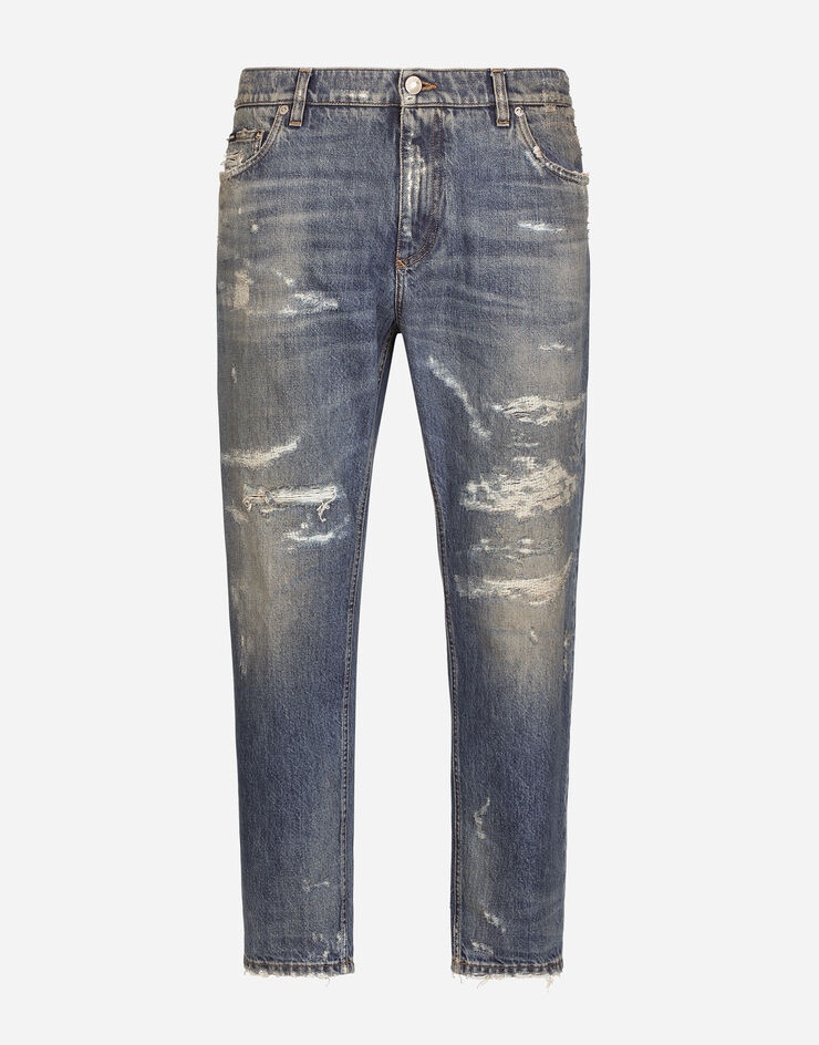 Loose mid blue jeans with stitched rips - 3