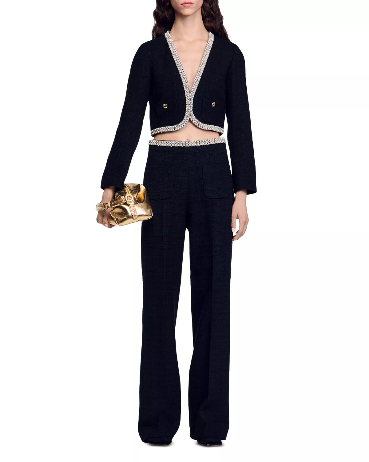 Sandro Bead Trim Cropped Tweed Jacket | bloomingdales