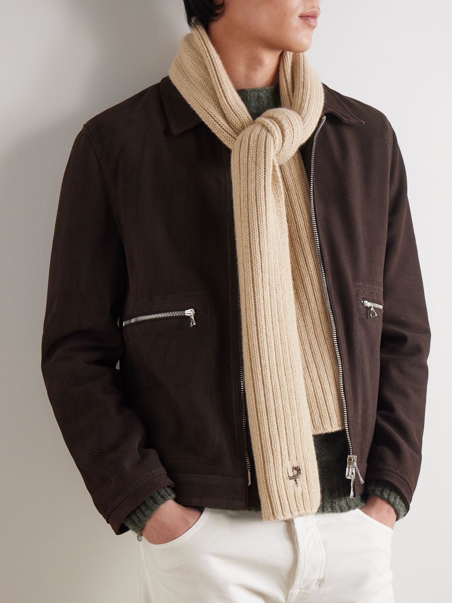 Leather-Trimmed Ribbed Cashmere Scarf Beige - 2
