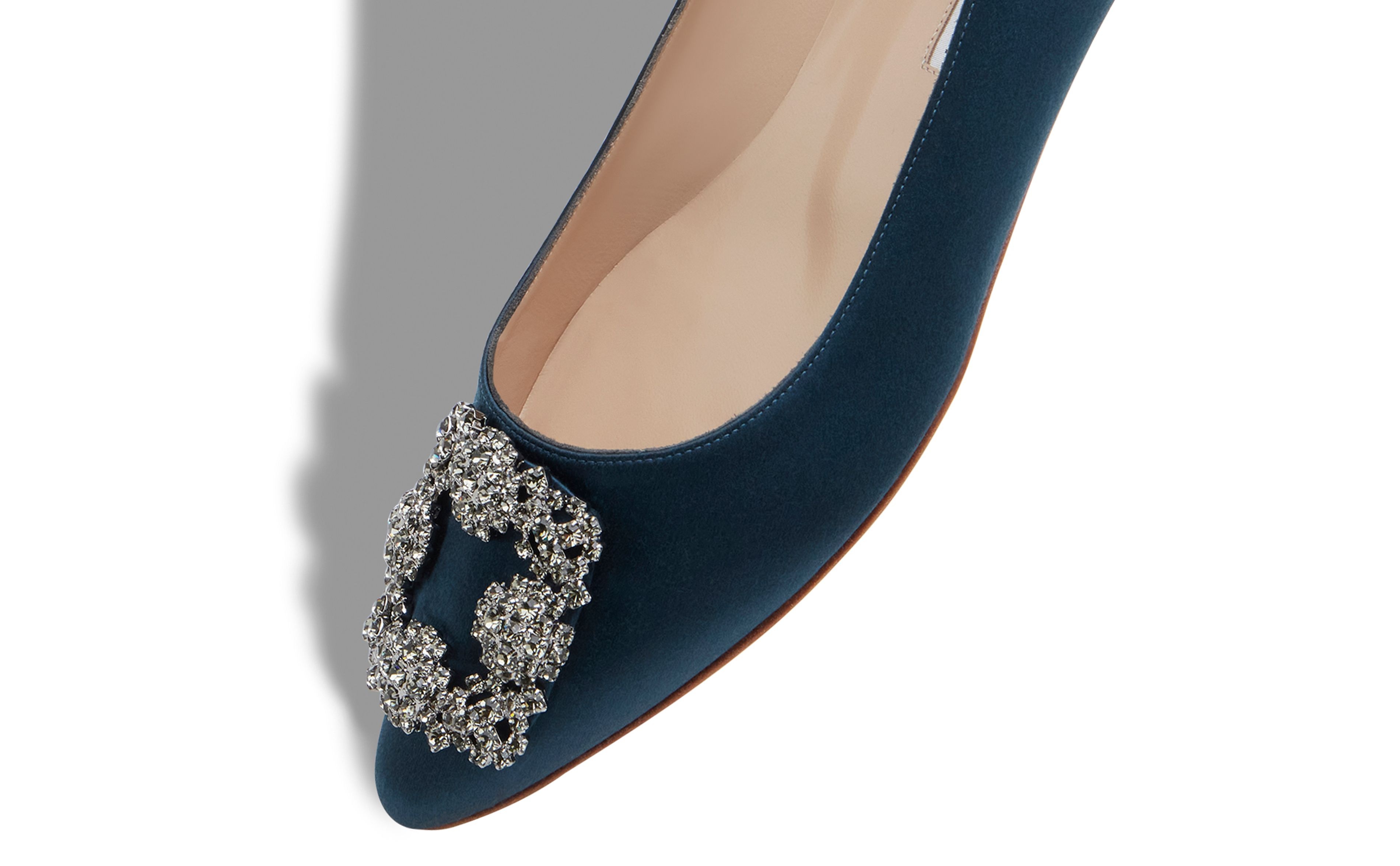 Deep Teal Satin Jewel Buckle Flat Shoes - 4