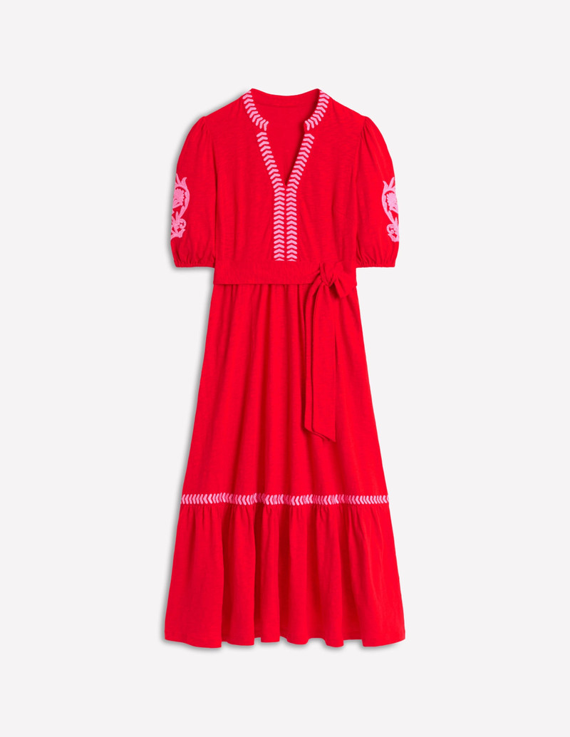 Amara Embroidered Jersey Dress-Poppy Red, Pink Peony 1