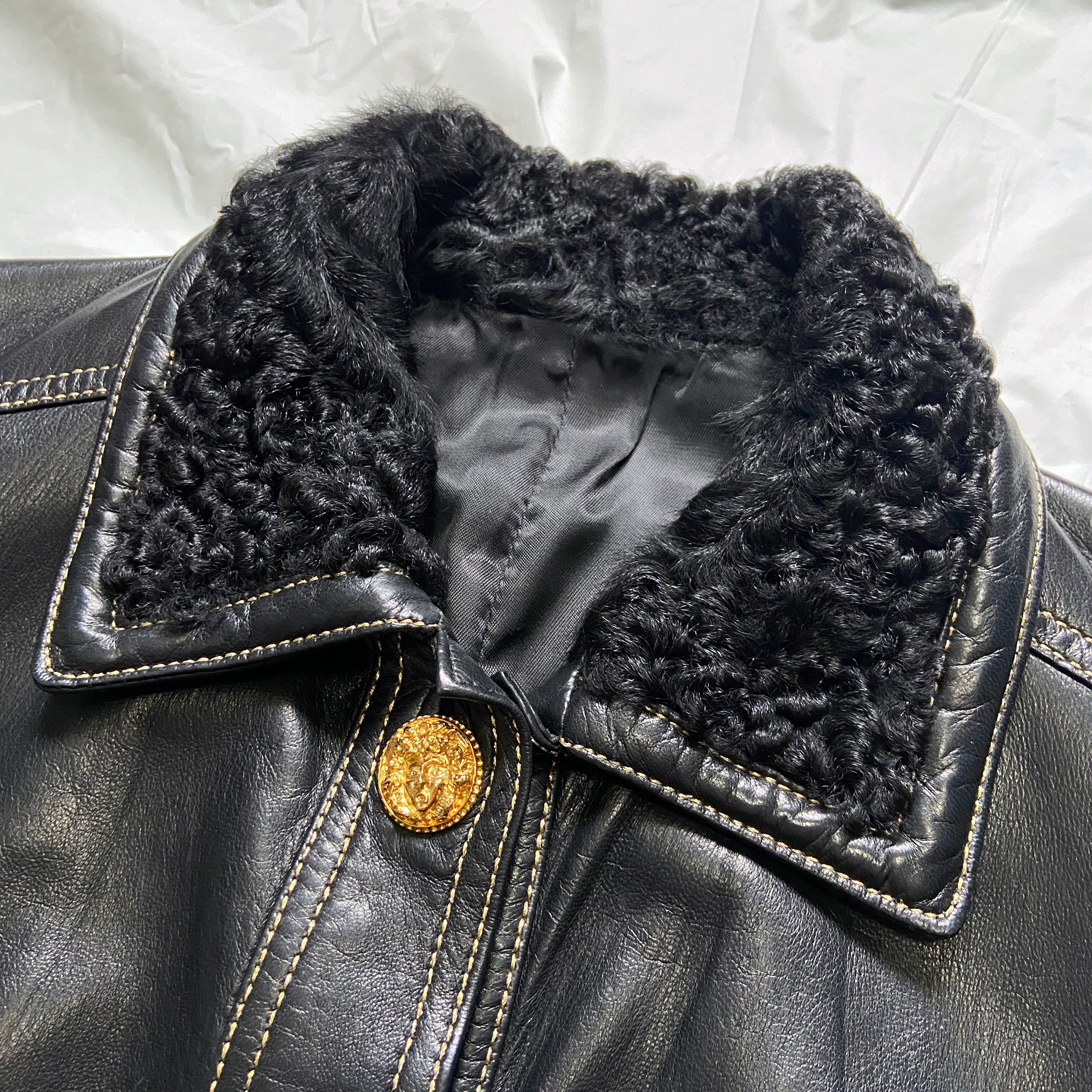 Gianni Versace Fall 1992 Midnight Cowgirl Lambskin Leather Vest with Mongolian Hair Collar and Gold  - 10