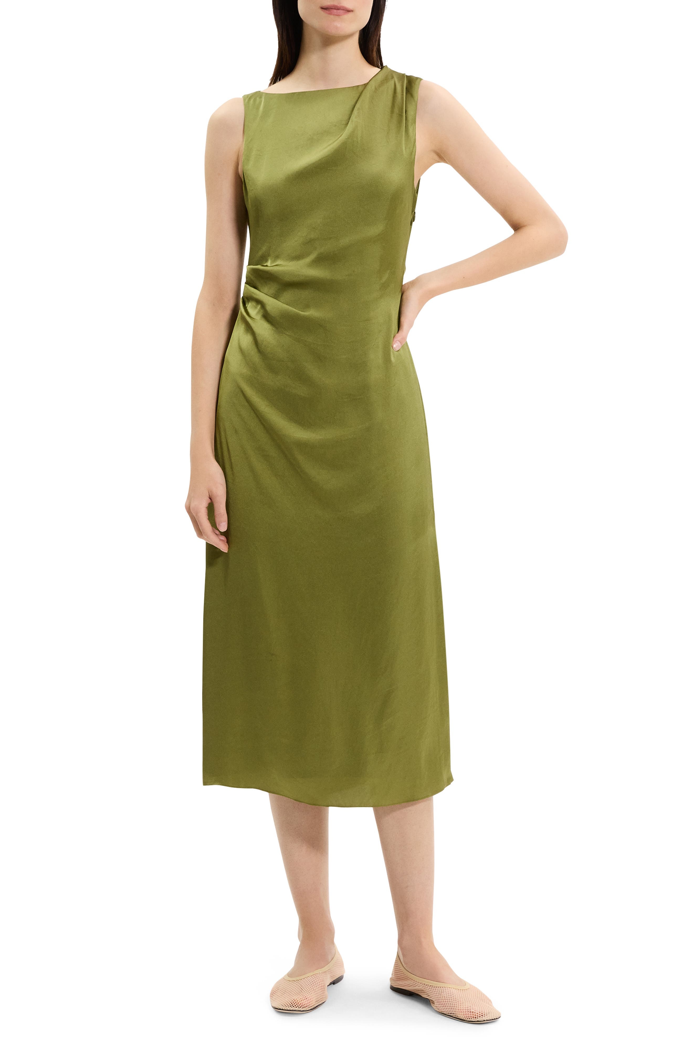 Theory Ruched Sleeveless Midi Dress in Avocado at Nordstrom - 1