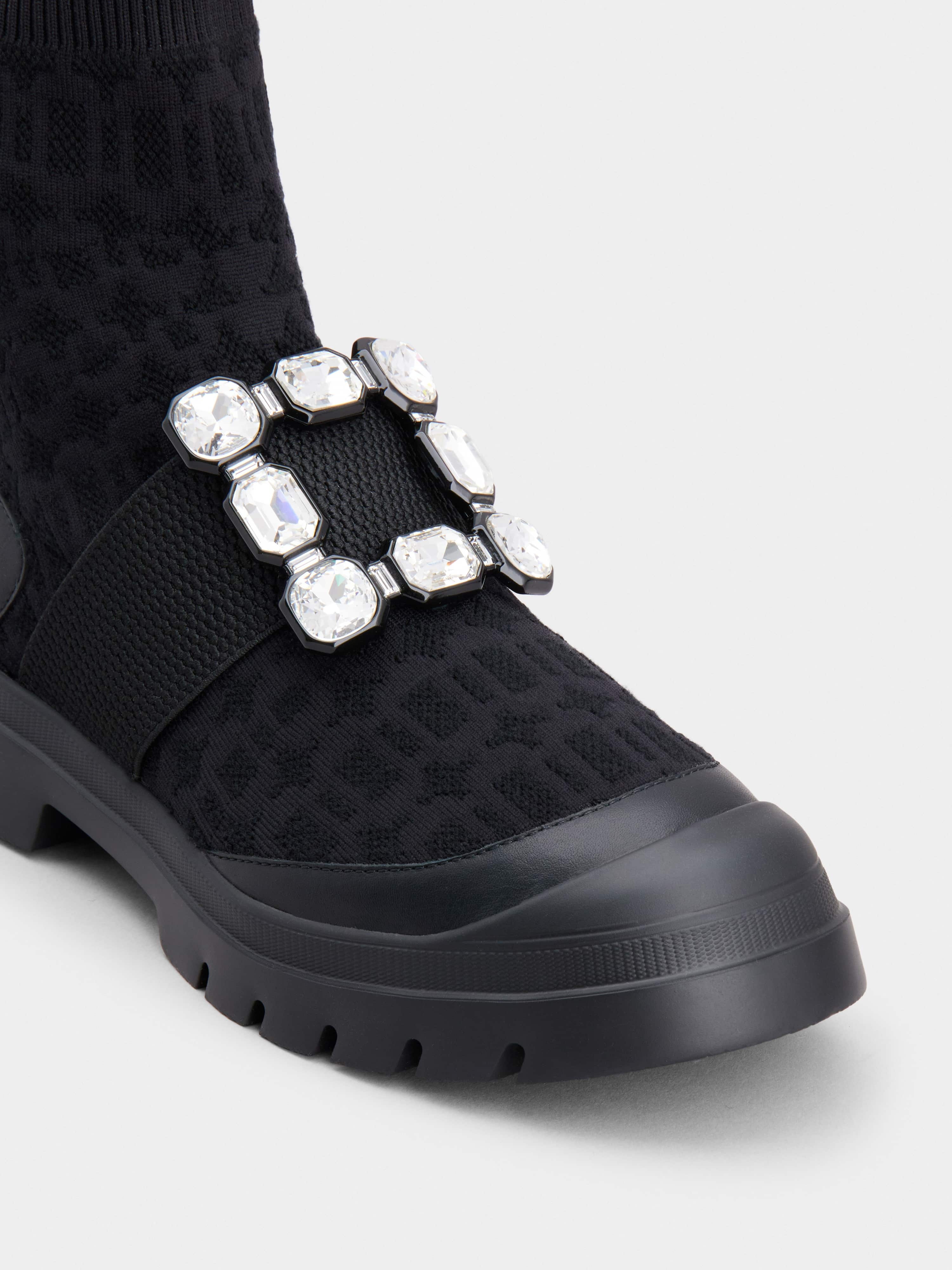 Walky Viv' Rhinestone Buckle Socks Ankle Boots in Fabric - 3