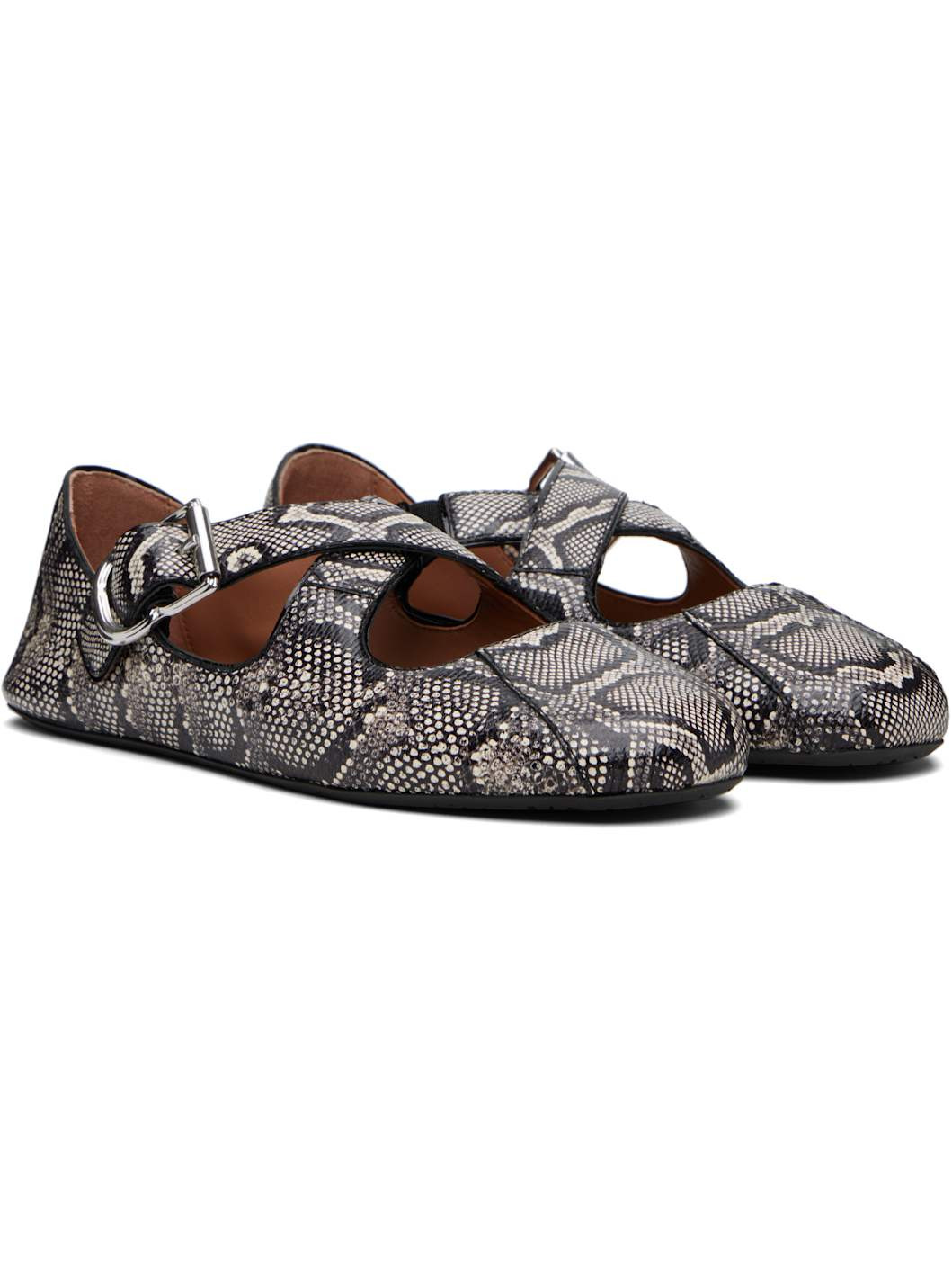Black & White Criss Cross Snake Ballerina Flats - 4