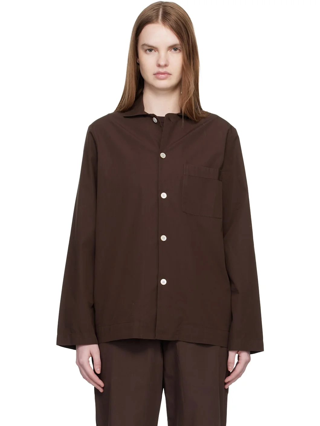 Brown Poplin Long-Sleeved Pyjama Shirt - 1