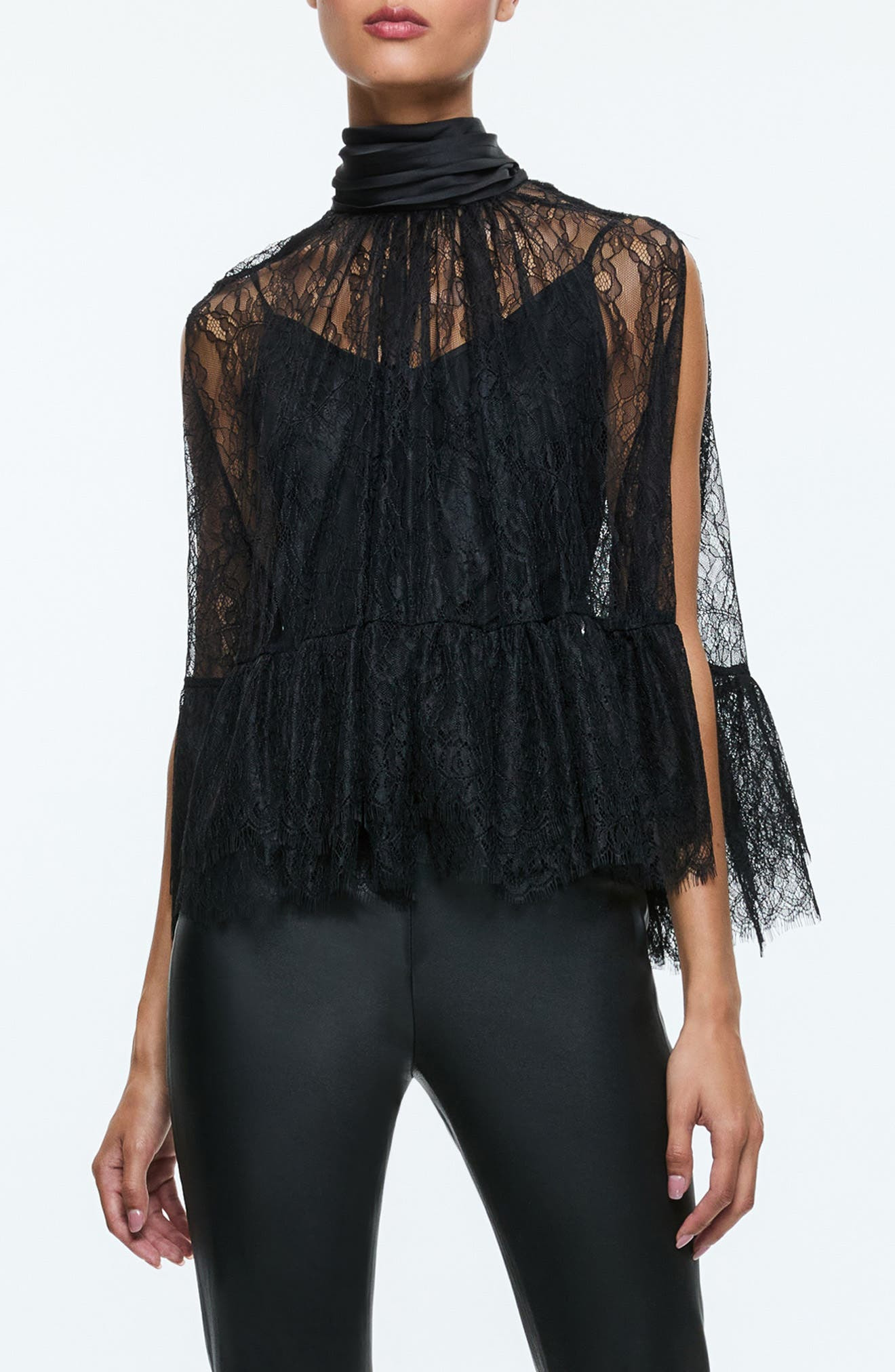 Alice + Olivia Zenon Sheer Lace Cape Top in Black at Nordstrom - 1