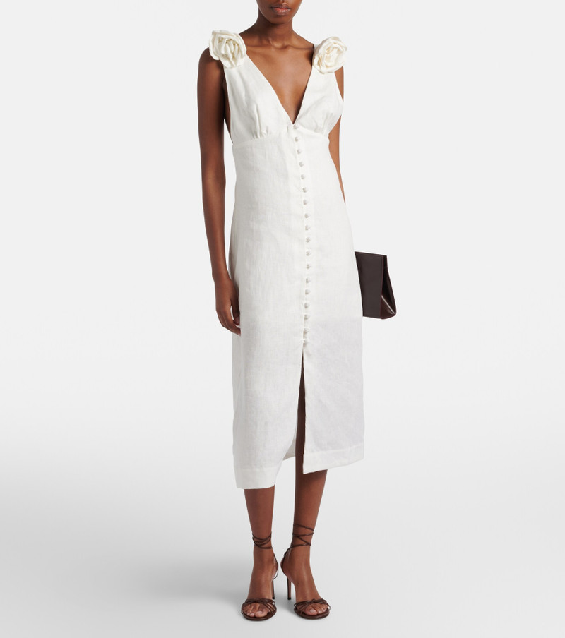 FARM RIO Floral-appliqué linen midi dress outlook