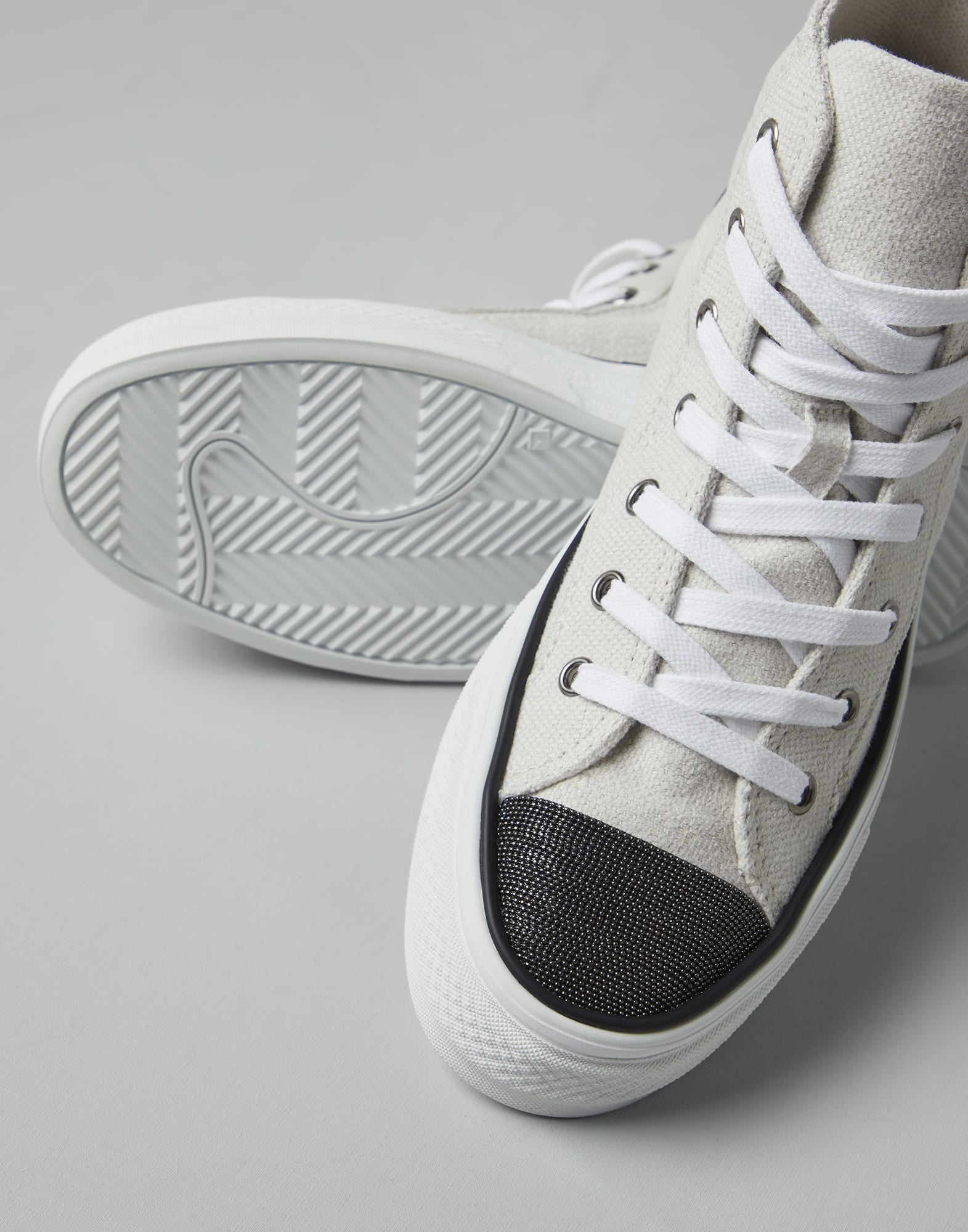 Cotton and linen canvas high top sneakers with precious toe - 3