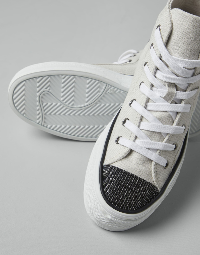 Cotton and linen canvas high top sneakers with precious toe 3