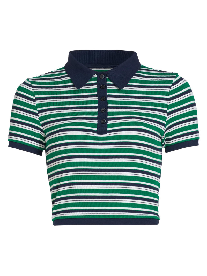 Women's Marnie Striped Knit Crop Polo Top - Kelly Green Stripe 1