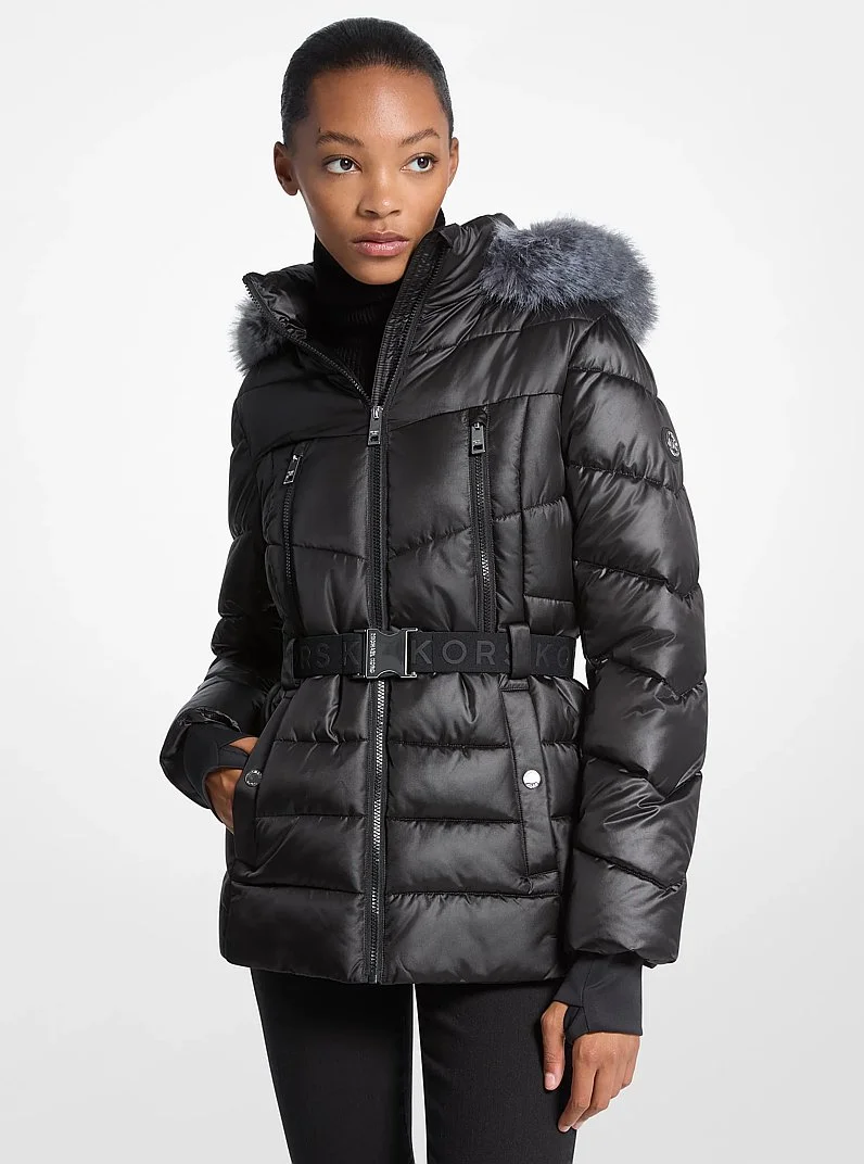 Faux Fur Trim Belted Puffer Jacket - 1