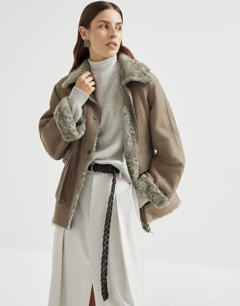 Fuzzy shearling outerwear jacket with shiny trim 4