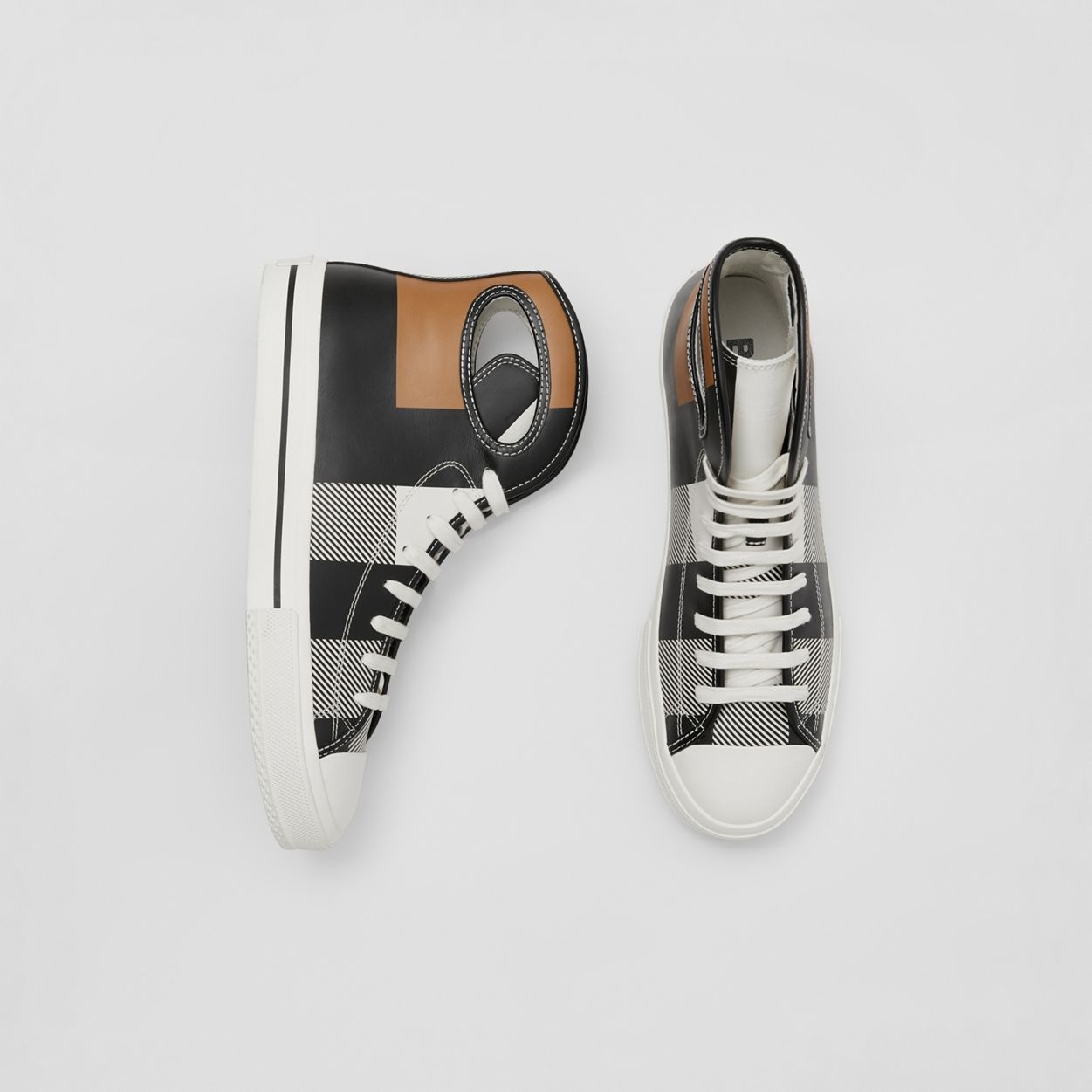 Porthole Detail Check Print Leather High-top Sneakers - 2
