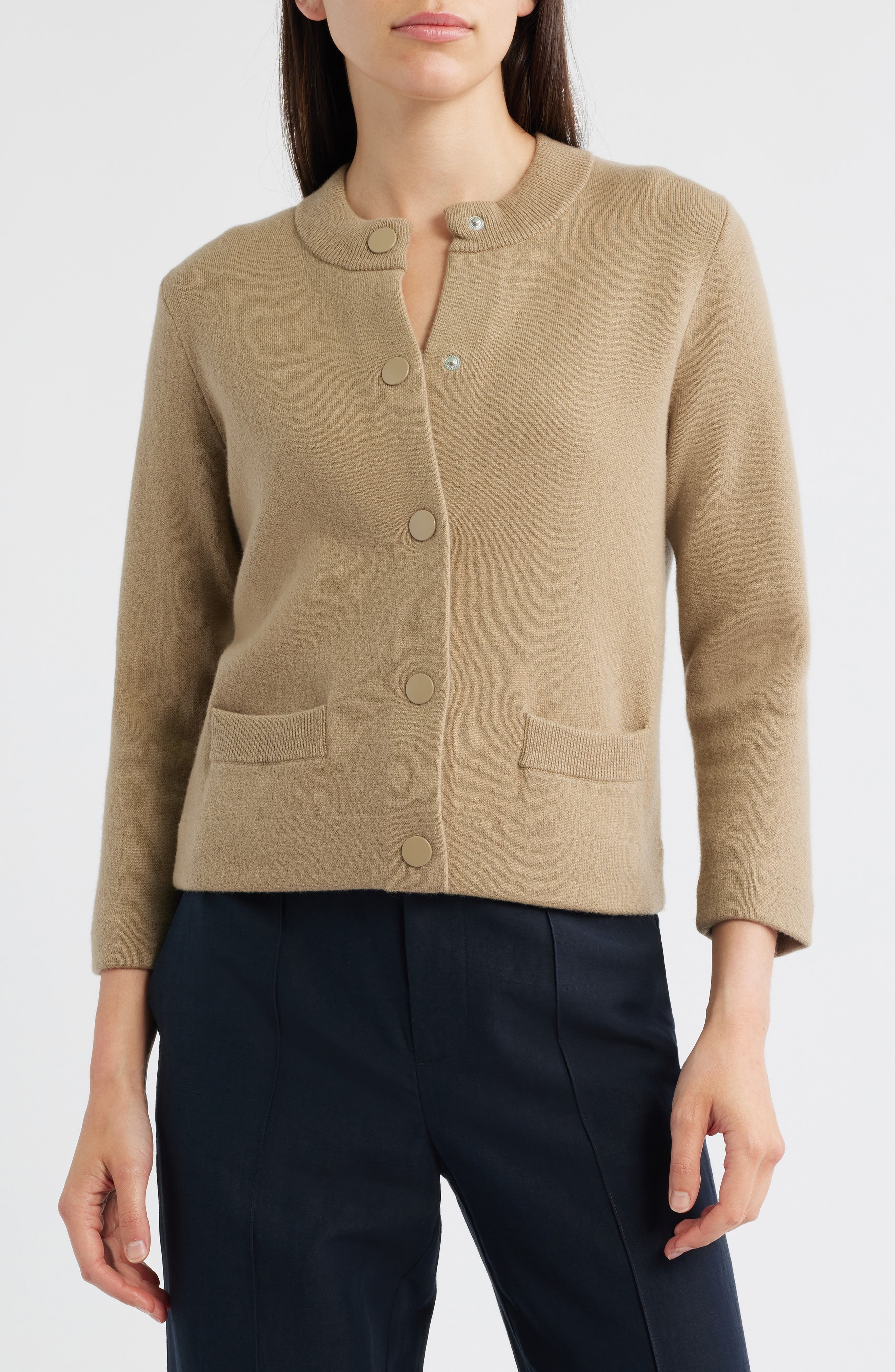 Vince Shrunken Wool & Cashmere Snap Cardigan in Fawn at Nordstrom - 4