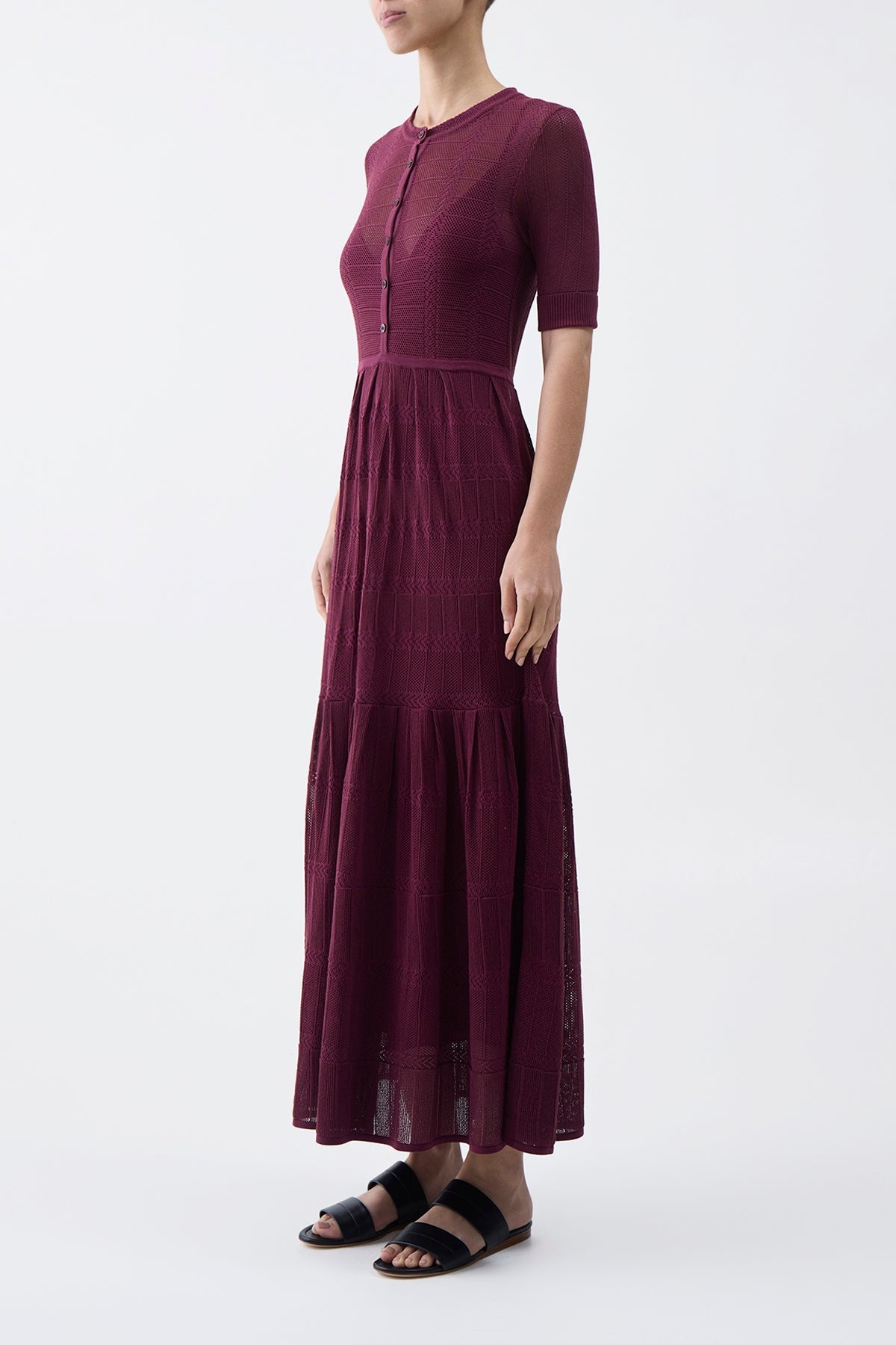Iris Pointelle Knit Dress with Slip in Bordeaux Cotton Silk - 3