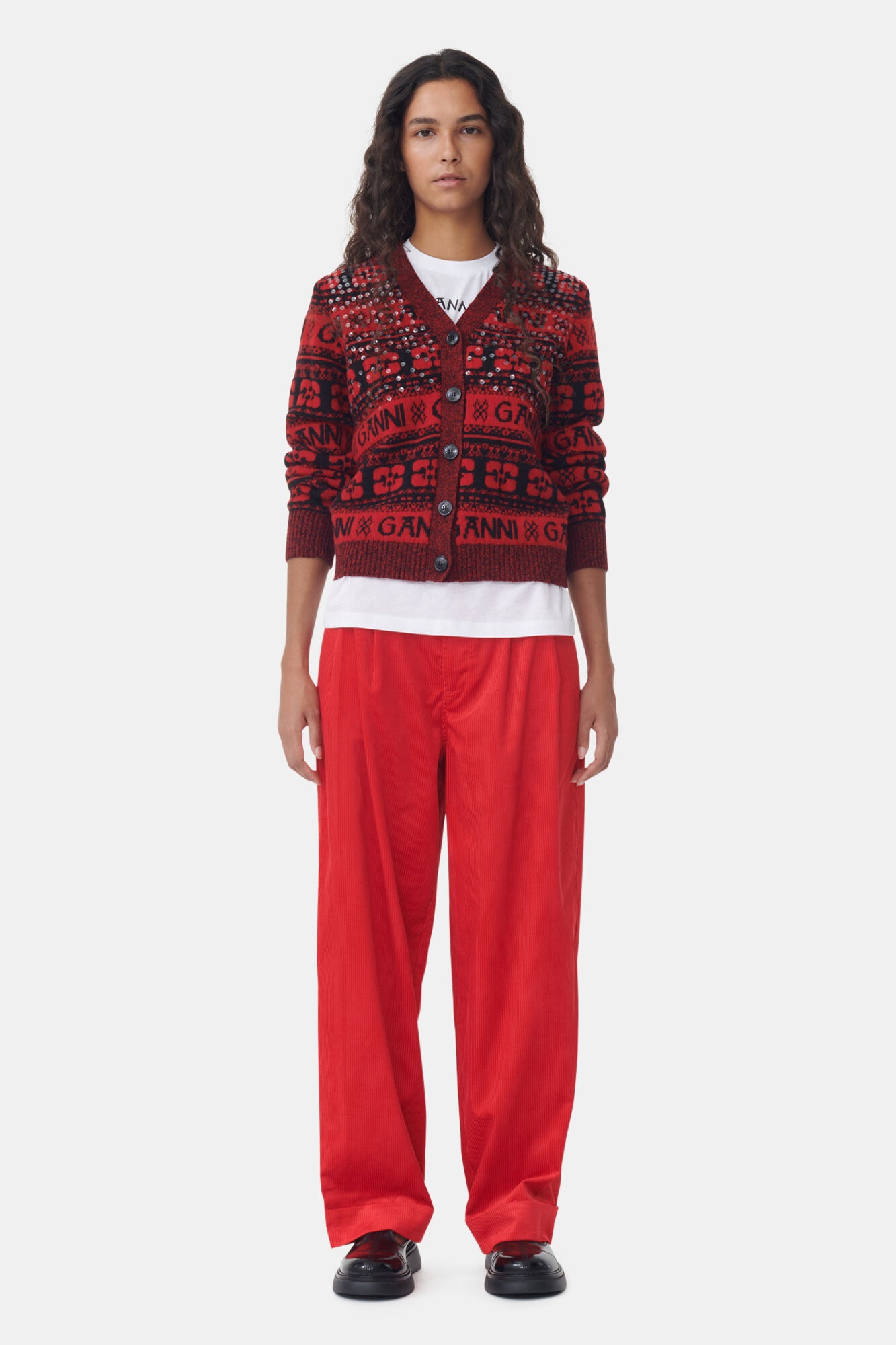 RED SHINY CORDUROY LOOSE PLEAT PANTS - 2